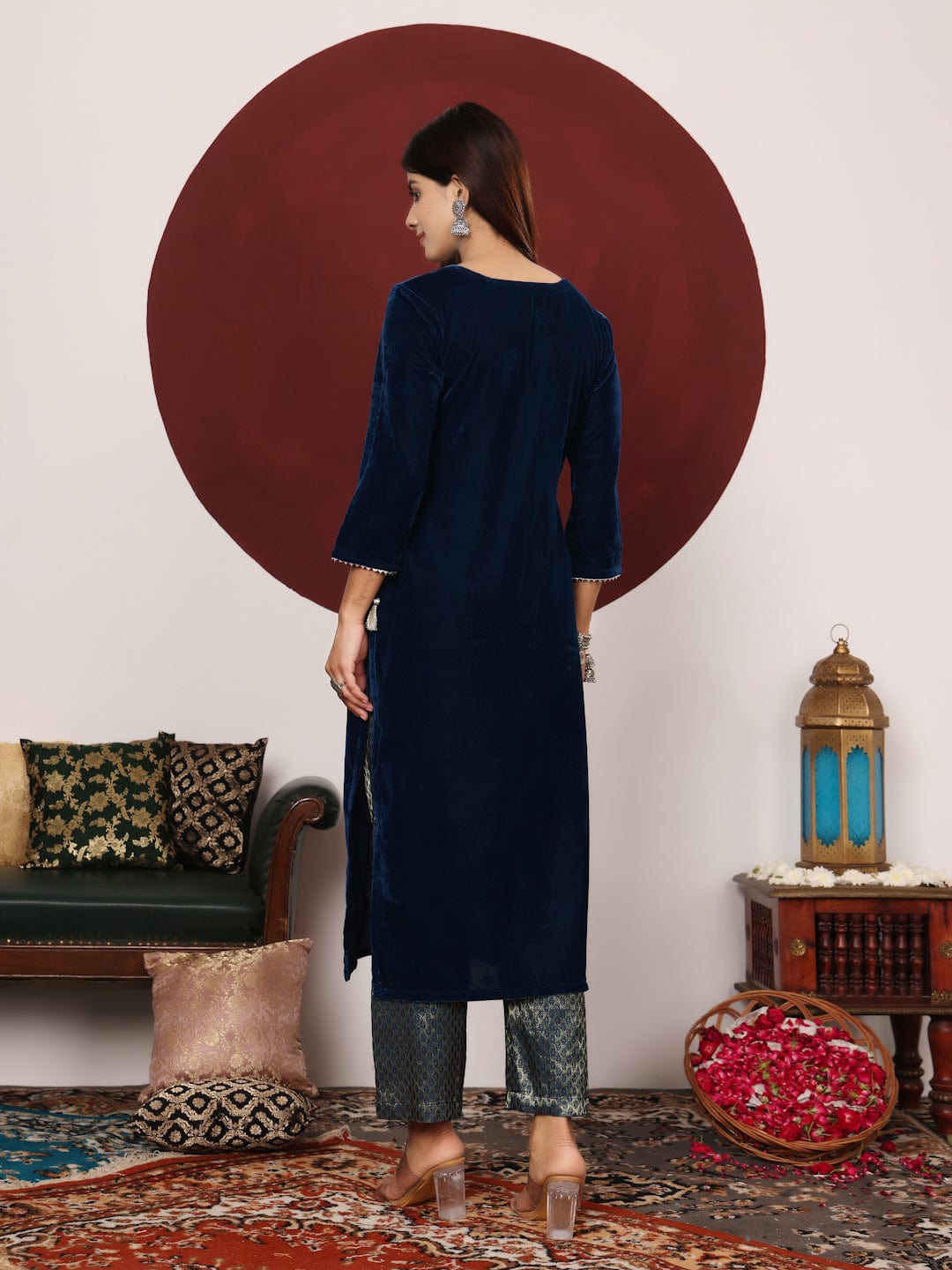 The Kurti Collection Women Asymetric Velvet Kurta Paired With Brocade Bottom