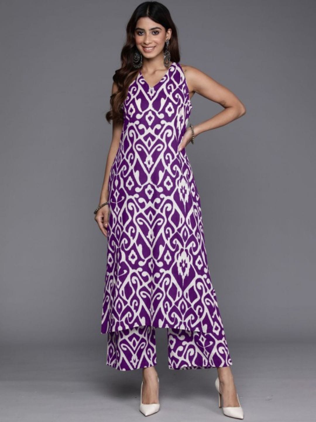 The Kurti Collection Women Purple Ikat Printed Straight Kurta With Palazzo