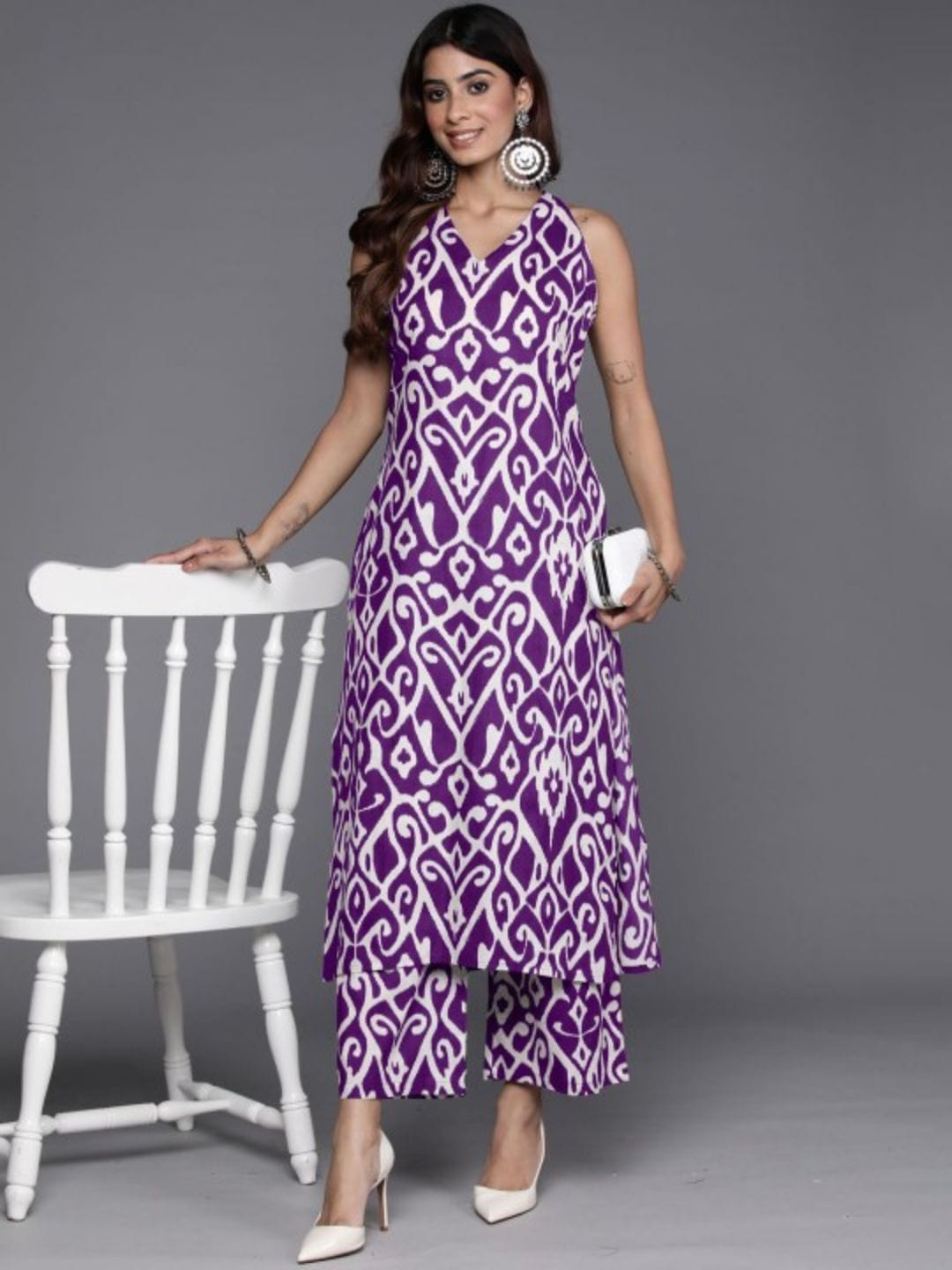 The Kurti Collection Women Purple Ikat Printed Straight Kurta With Palazzo