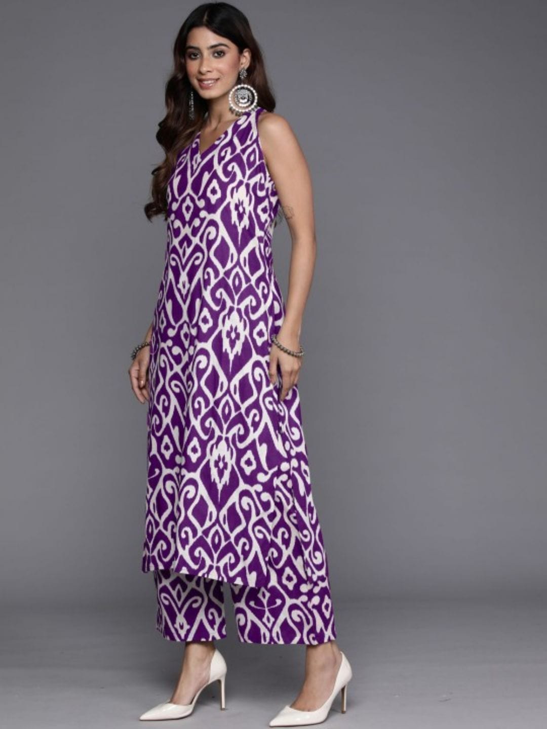 The Kurti Collection Women Purple Ikat Printed Straight Kurta With Palazzo