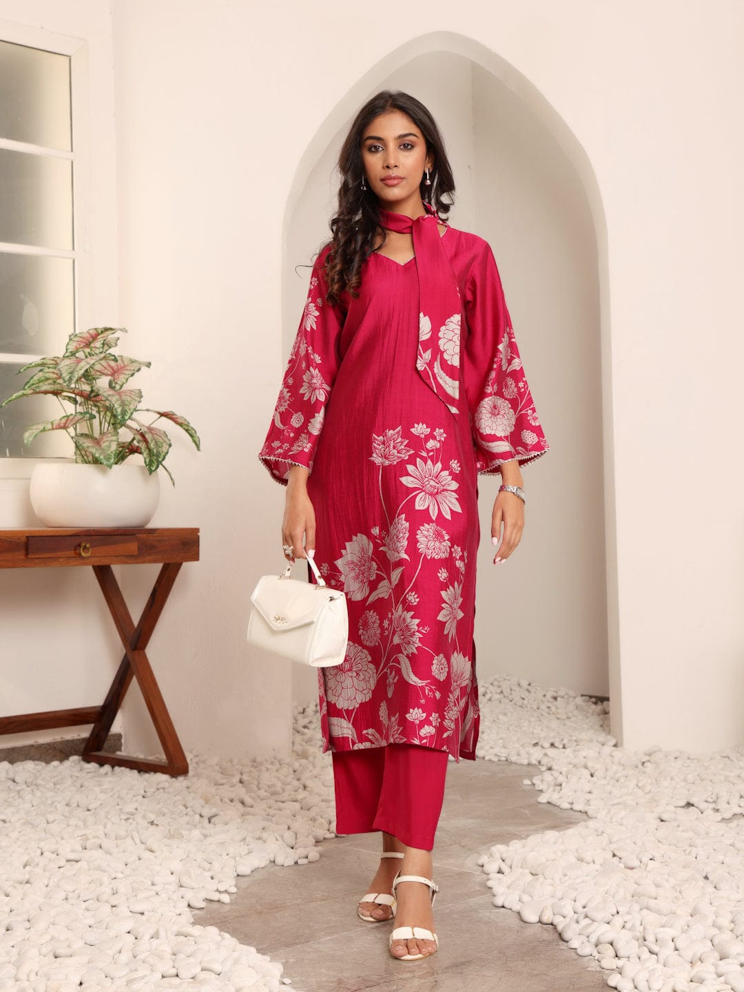 The Kurti Collection Women Fuchsia Pink Floral Printed Gota Detail Flared Sleeve Kurta With Solid Trouser