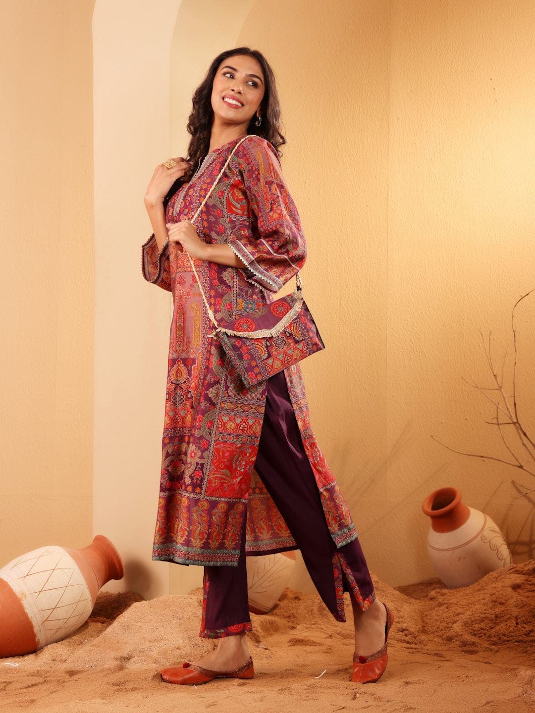 The Kurti Collection Women Pink Floral Printed Gota Embellished Flared Sleeve Kurta With Solid Trouser. And Dupatta