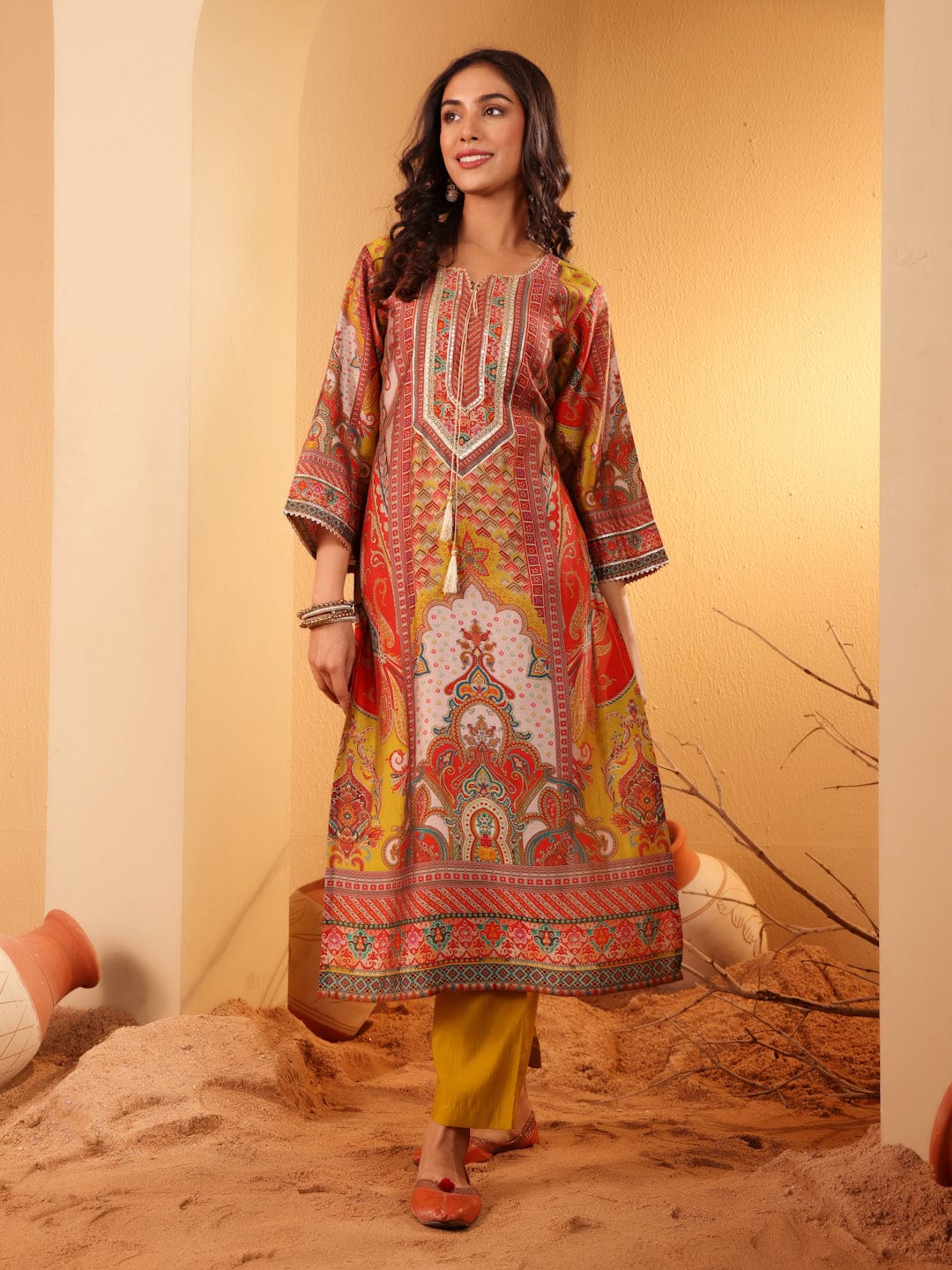 The Kurti Collection Women Olive Ethnic Floral Printed Gota Embellished Flared Sleeve Kurta With Solid Trouser.