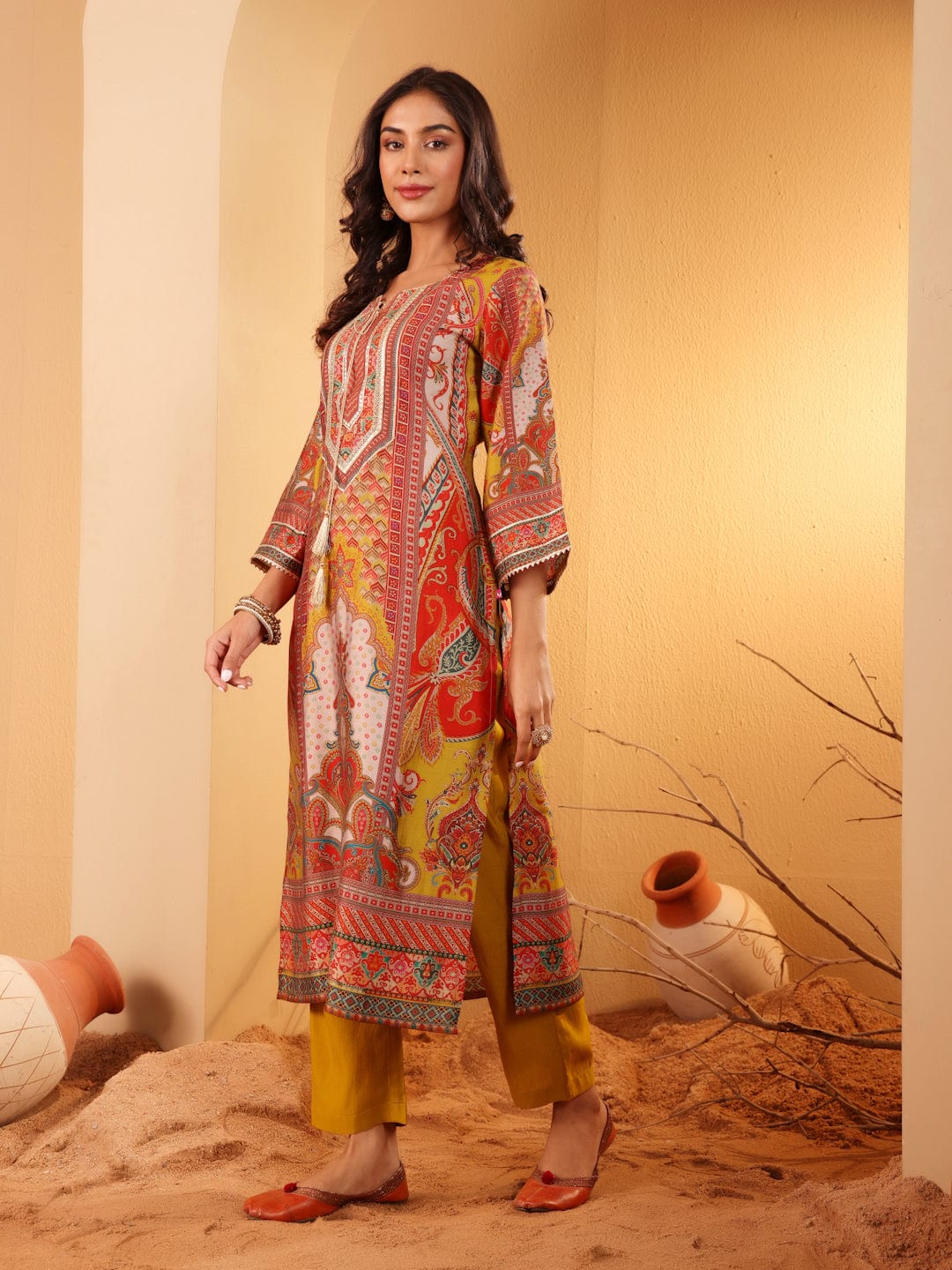 The Kurti Collection Women Olive Ethnic Floral Printed Gota Embellished Flared Sleeve Kurta With Solid Trouser.