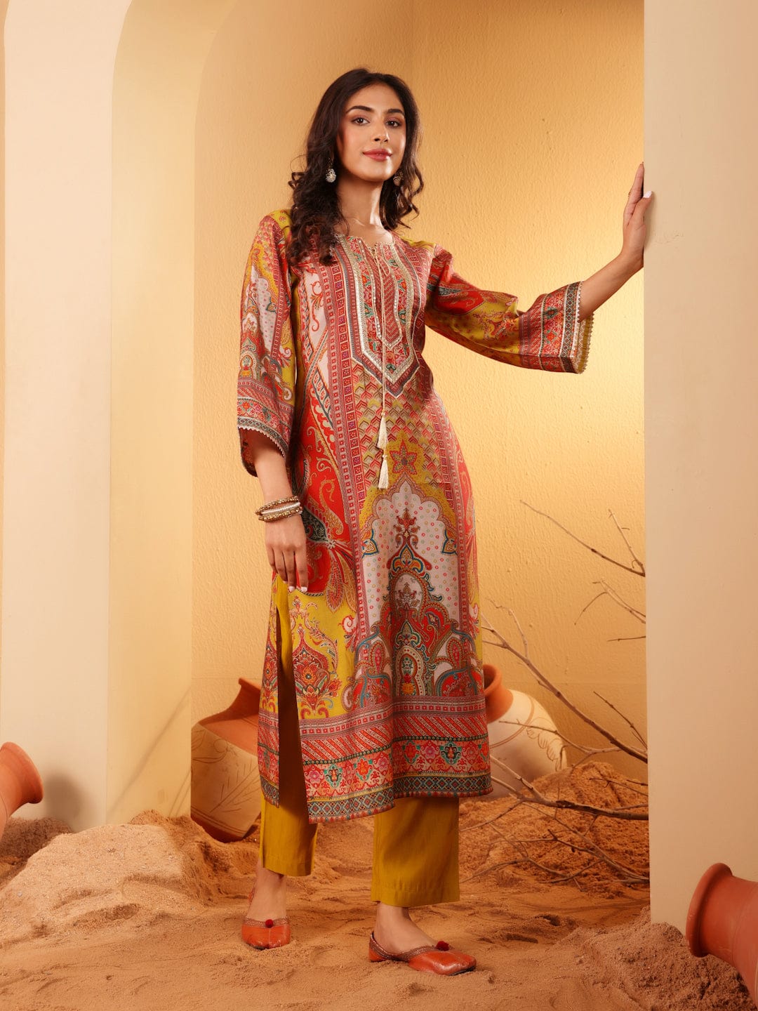 The Kurti Collection Women Olive Ethnic Floral Printed Gota Embellished Flared Sleeve Kurta With Solid Trouser.