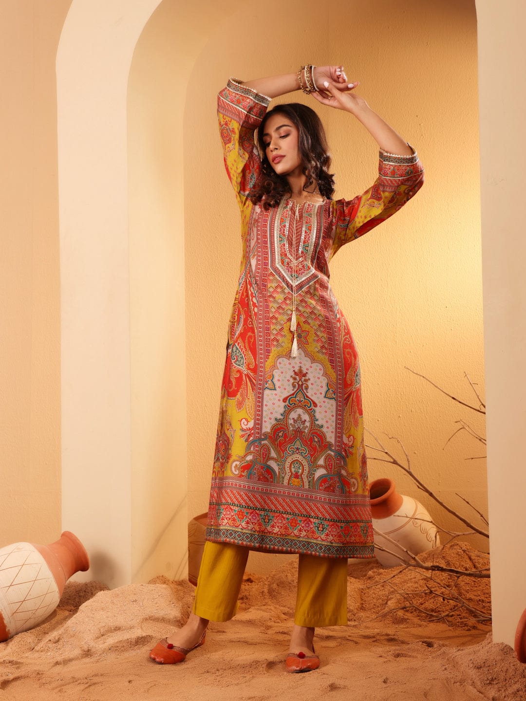 The Kurti Collection Women Olive Ethnic Floral Printed Gota Embellished Flared Sleeve Kurta With Solid Trouser.