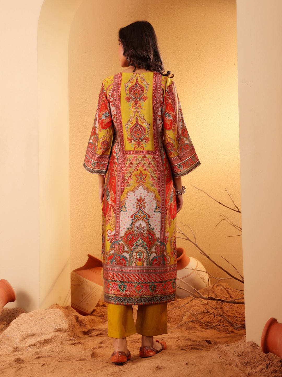 The Kurti Collection Women Olive Ethnic Floral Printed Gota Embellished Flared Sleeve Kurta With Solid Trouser.