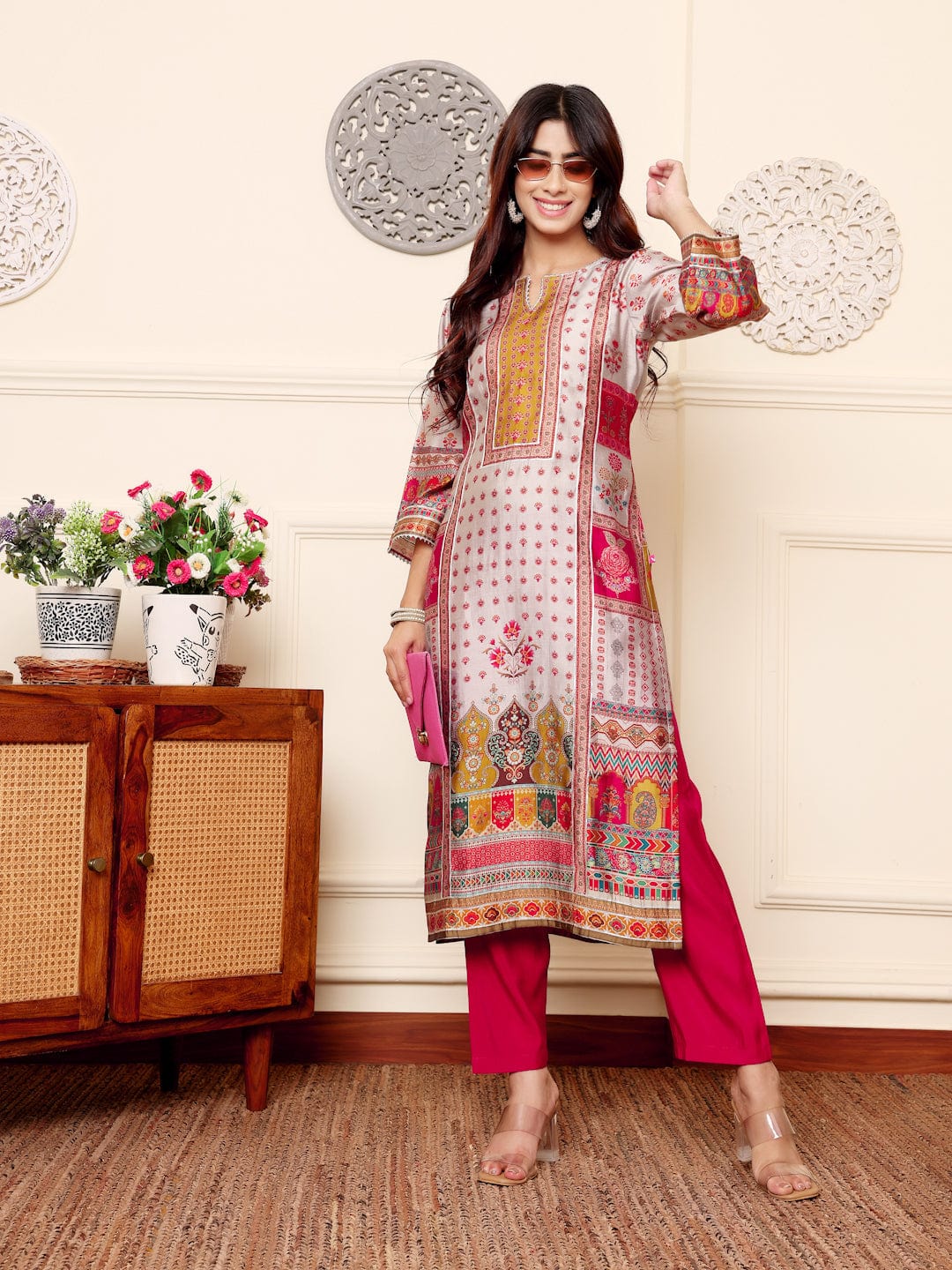 The Kurti Collection Women Grey Ethnic Floral Printed Gota Embellished Kurta With Solid Trouser.