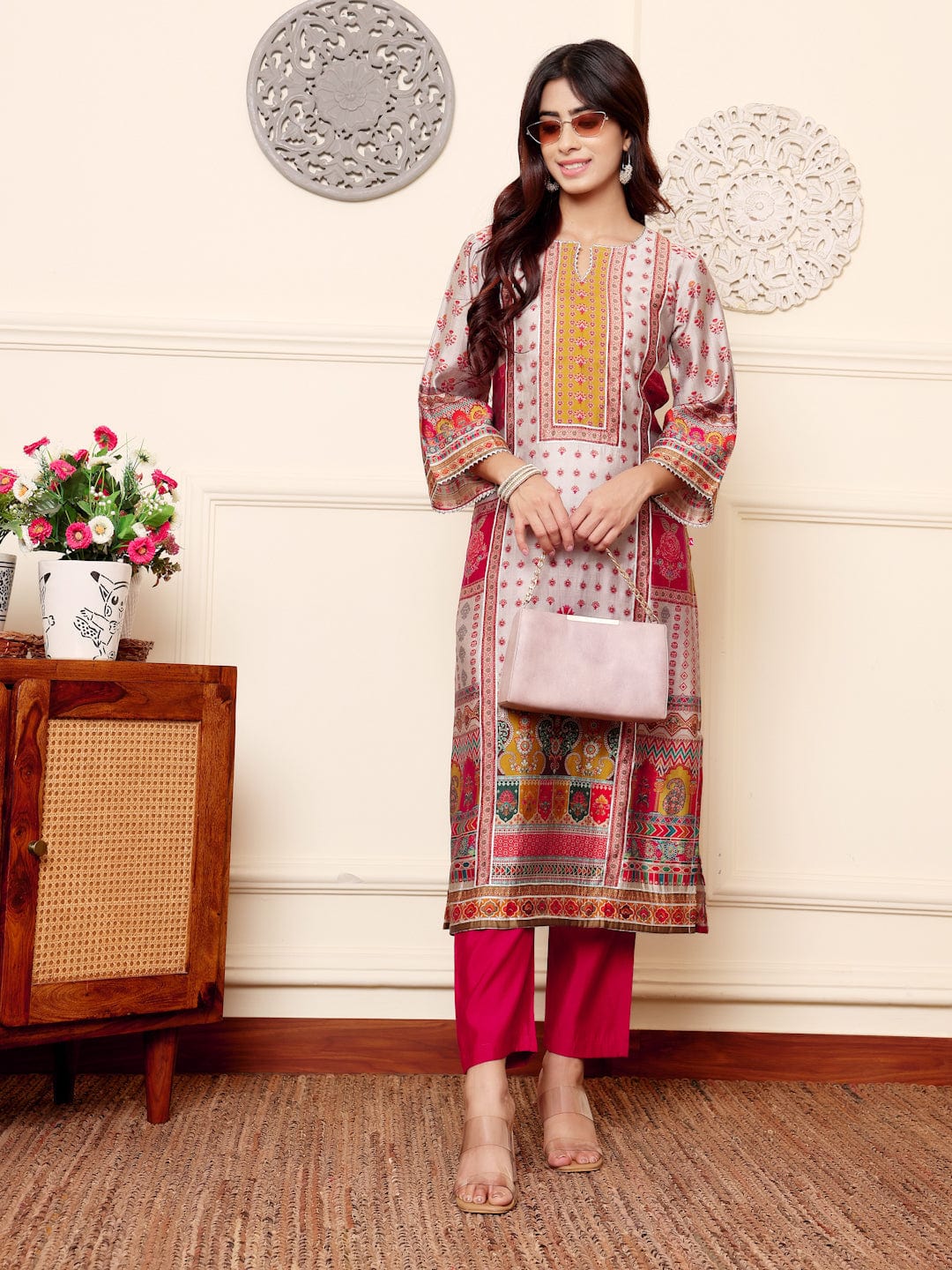 The Kurti Collection Women Grey Ethnic Floral Printed Gota Embellished Kurta With Solid Trouser.