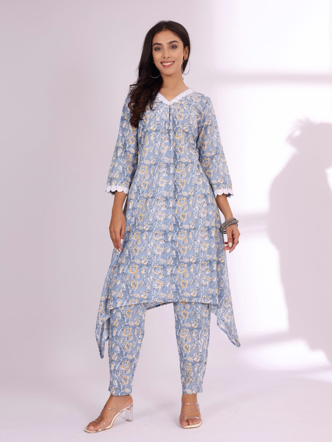 The Kurti Collection Women Ethnic Floral Printed V Neck A Line Kurta With Trouser