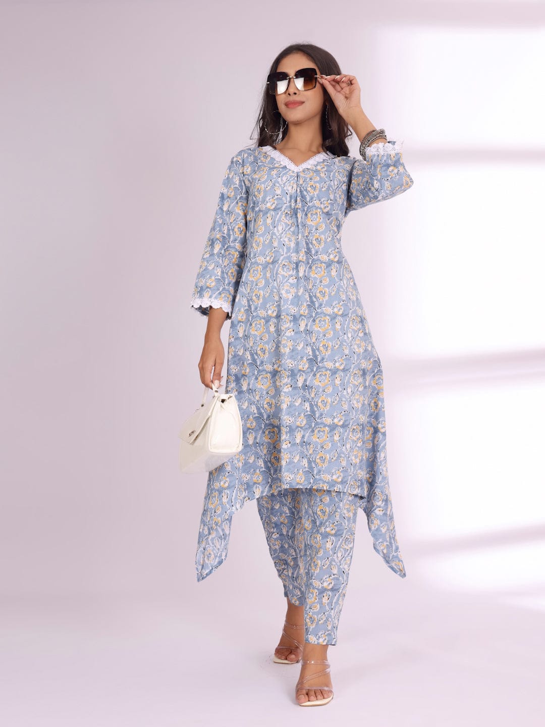 The Kurti Collection Women Ethnic Floral Printed V Neck A Line Kurta With Trouser