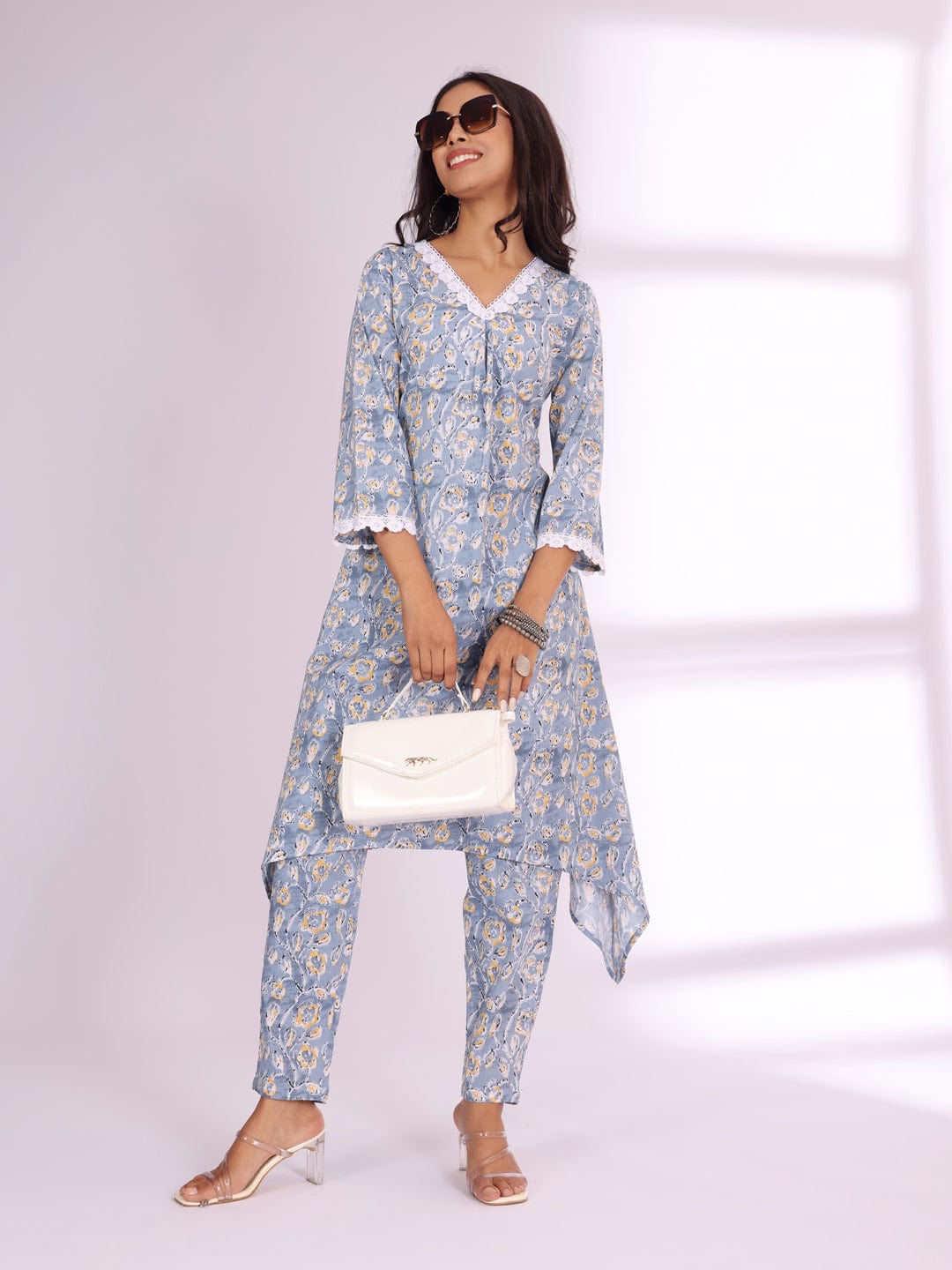 The Kurti Collection Women Ethnic Floral Printed V Neck A Line Kurta With Trouser