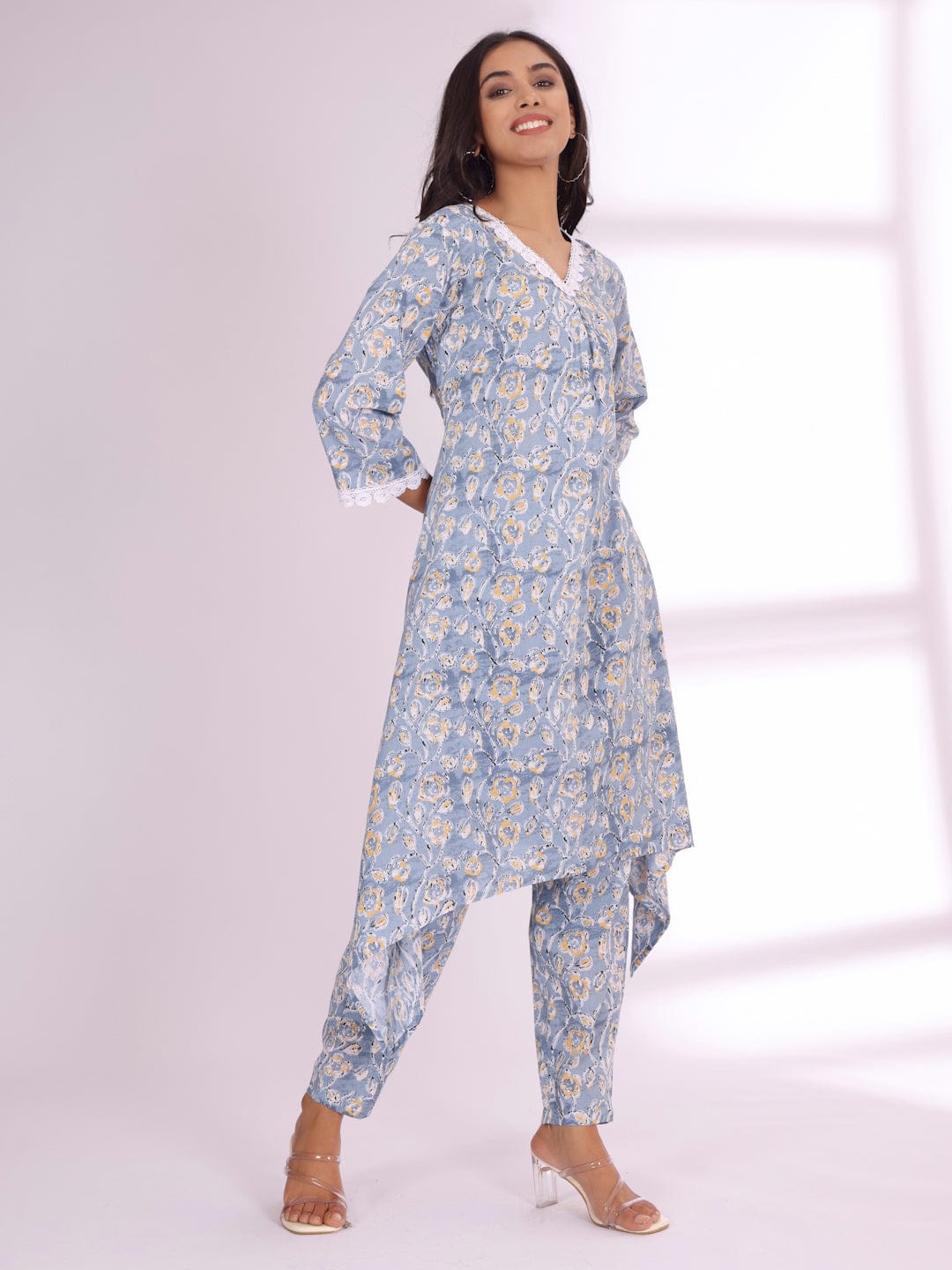 The Kurti Collection Women Ethnic Floral Printed V Neck A Line Kurta With Trouser