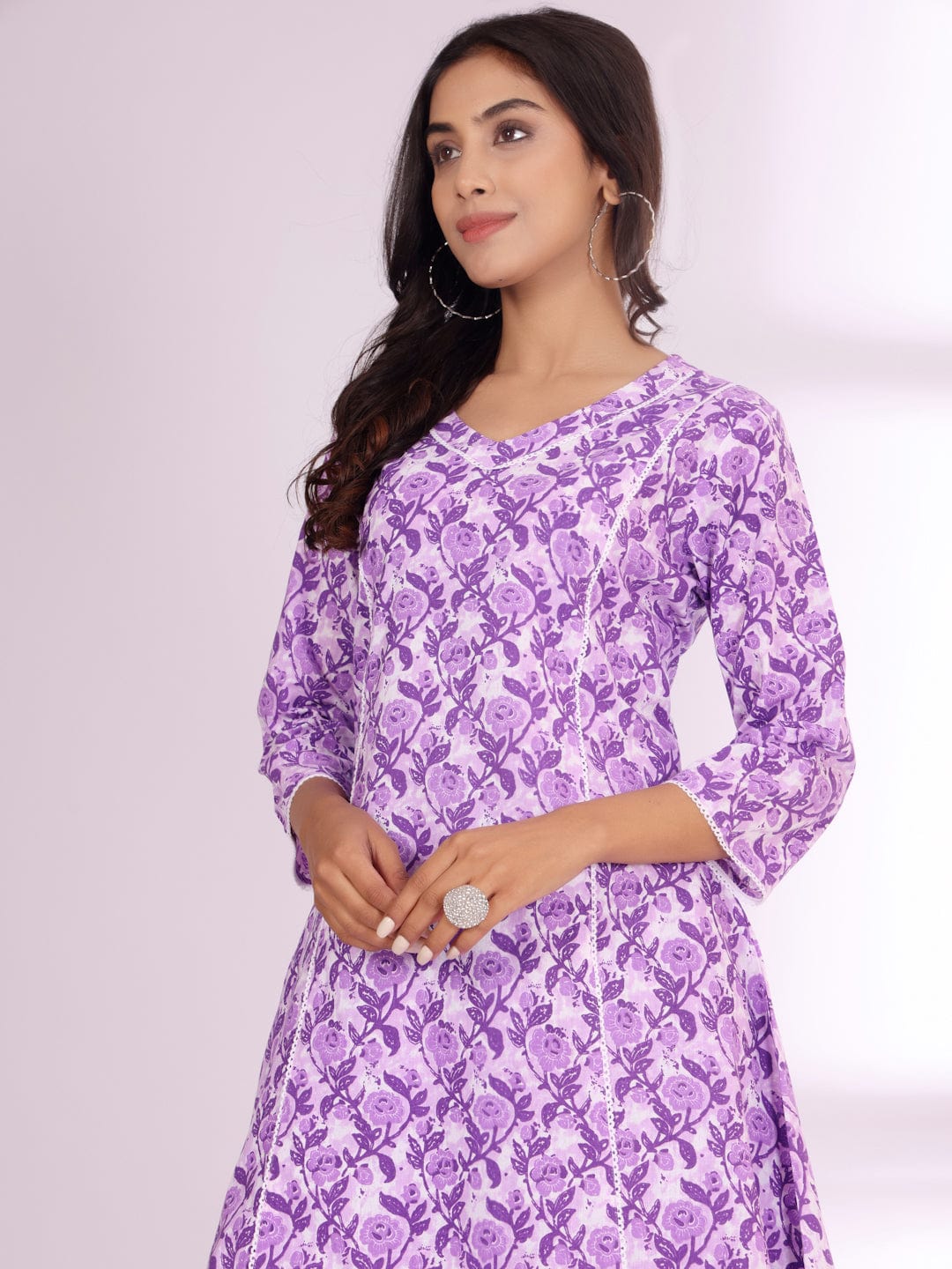 The Kurti Collection Women Ethnic Floral Printed V Neck A Line Kurta With Trouser