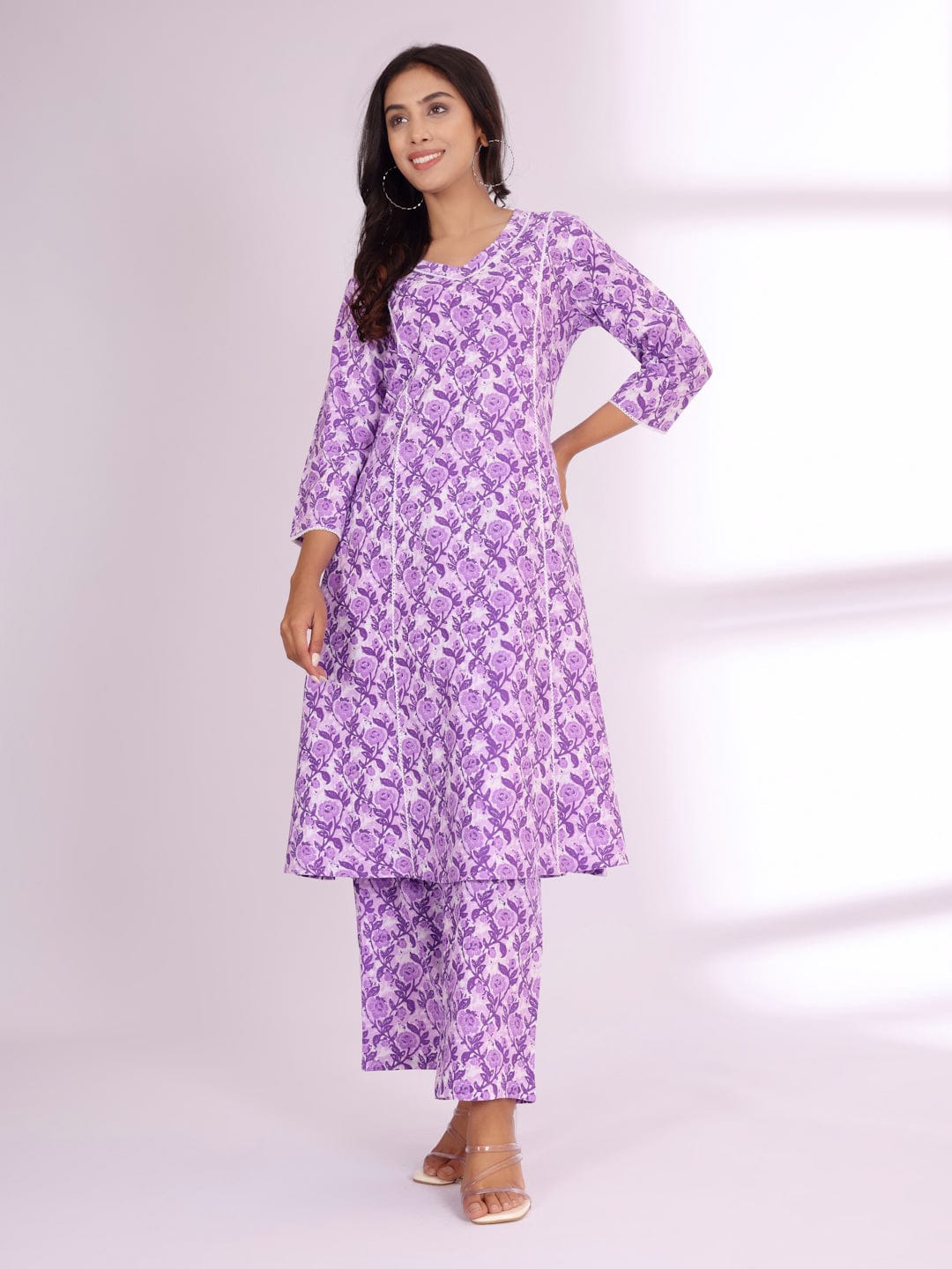 The Kurti Collection Women Ethnic Floral Printed V Neck A Line Kurta With Trouser