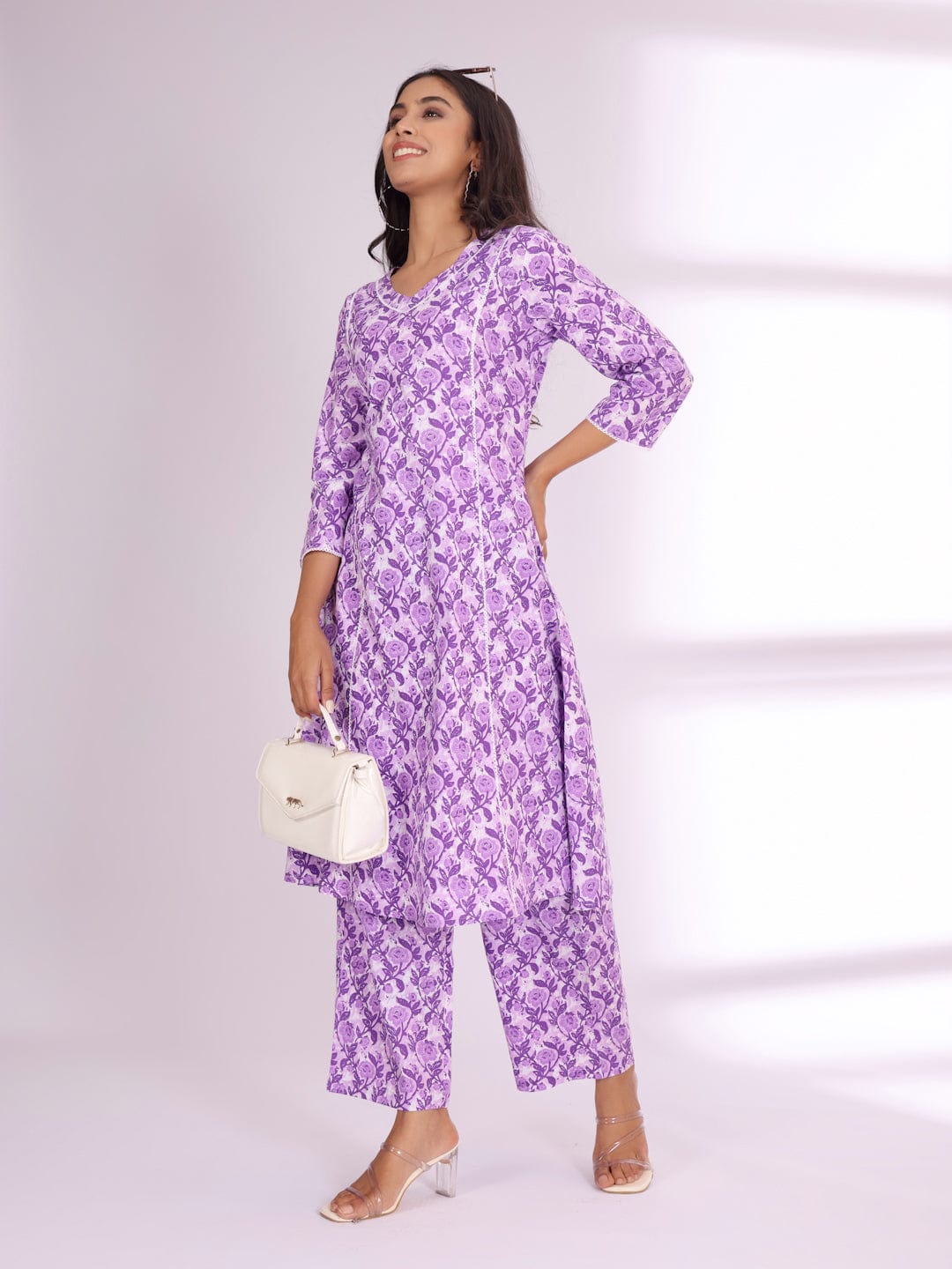 The Kurti Collection Women Ethnic Floral Printed V Neck A Line Kurta With Trouser