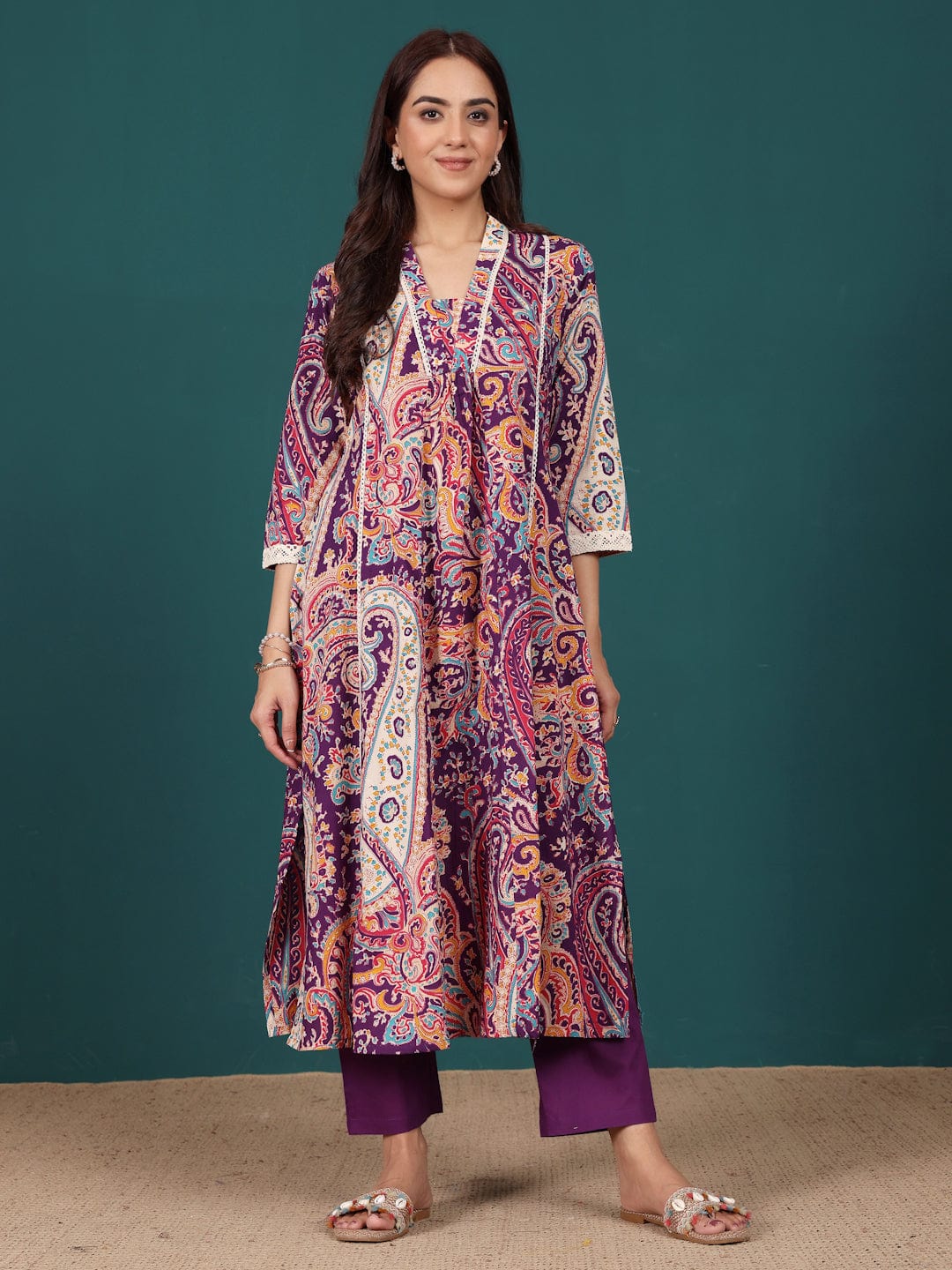 The Kurti Collection Women Paisely Printed V Neck Panelled Flared Kurta With Trouser