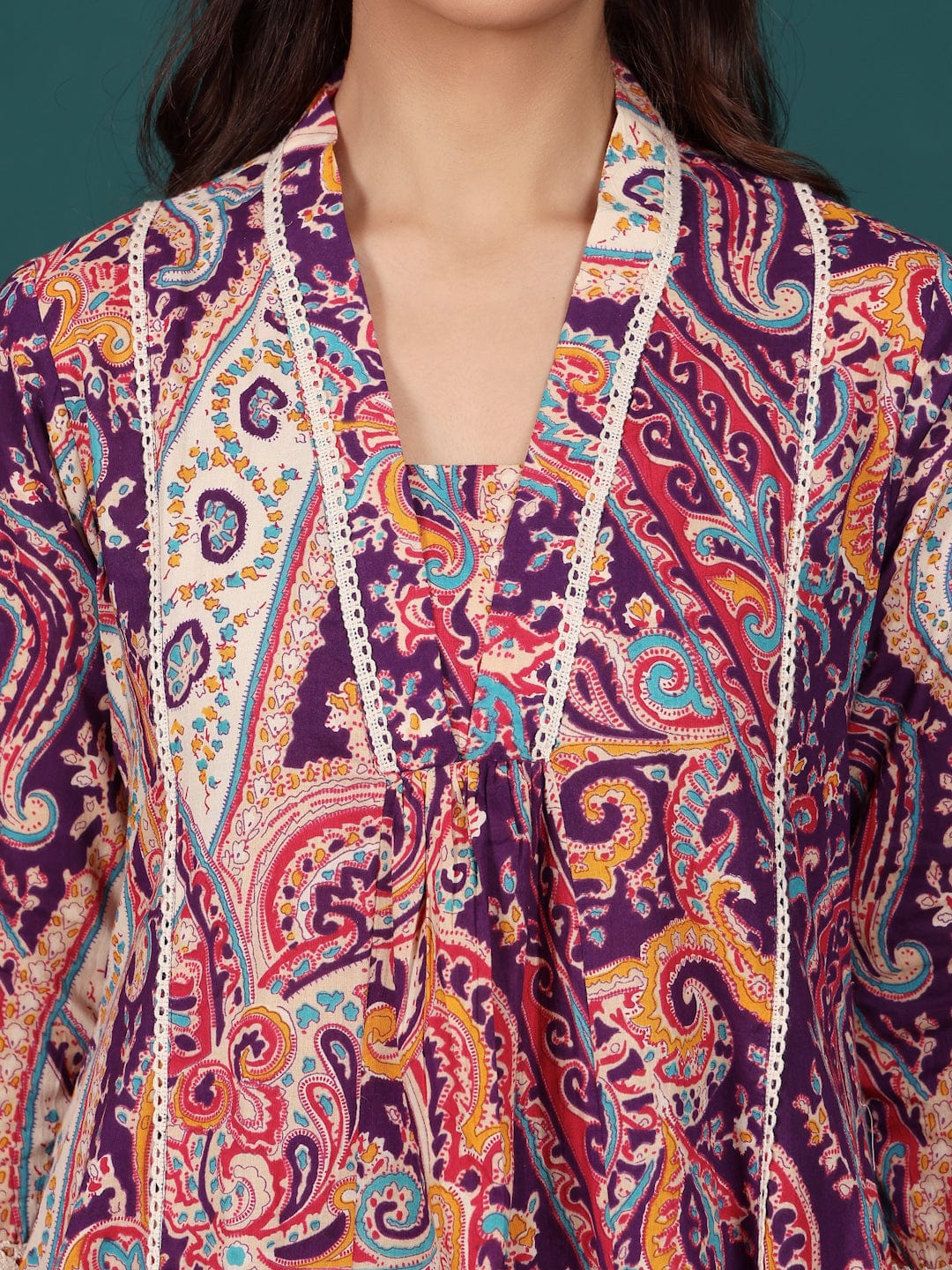 The Kurti Collection Women Paisely Printed V Neck Panelled Flared Kurta With Trouser