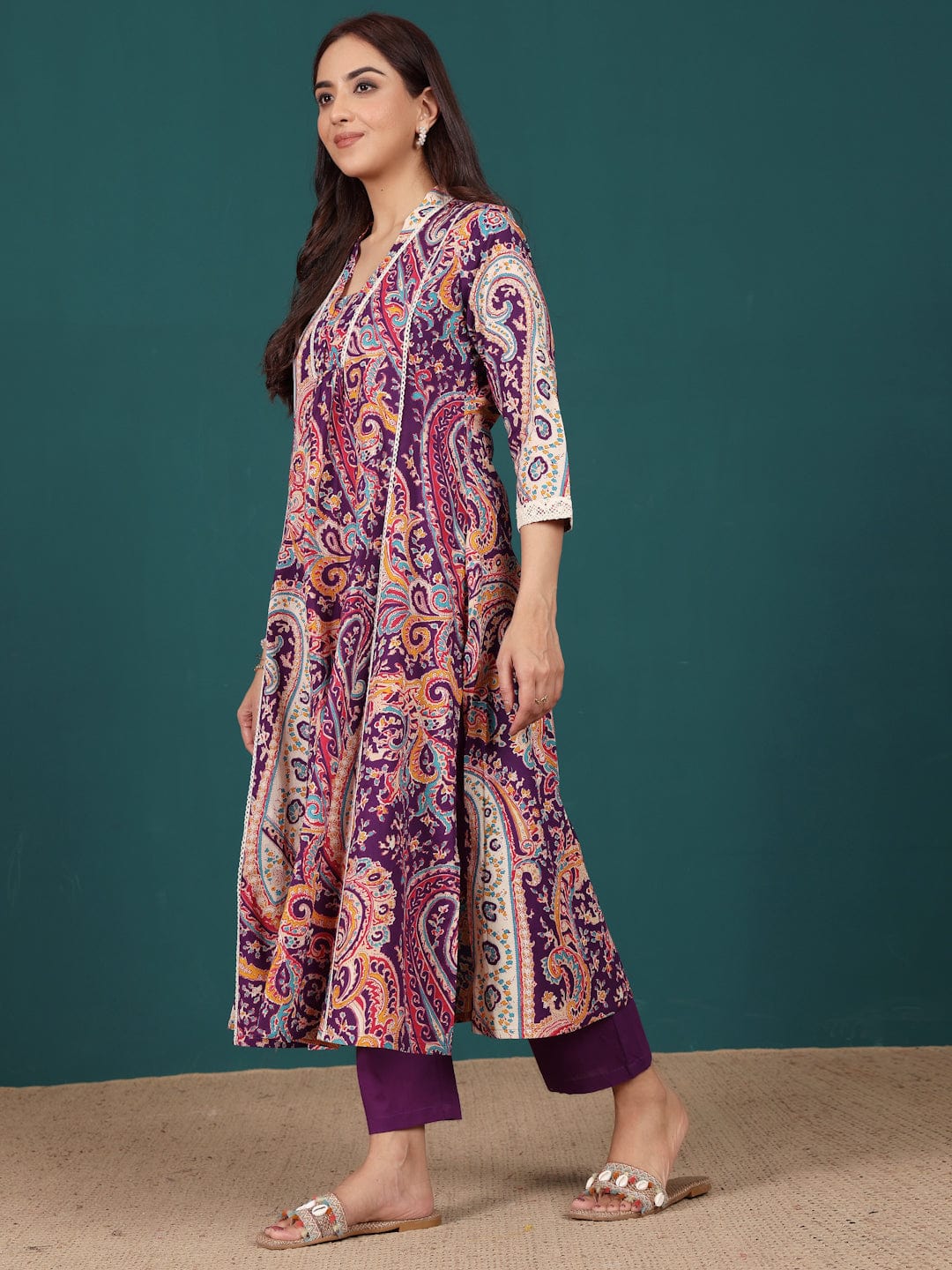 The Kurti Collection Women Paisely Printed V Neck Panelled Flared Kurta With Trouser