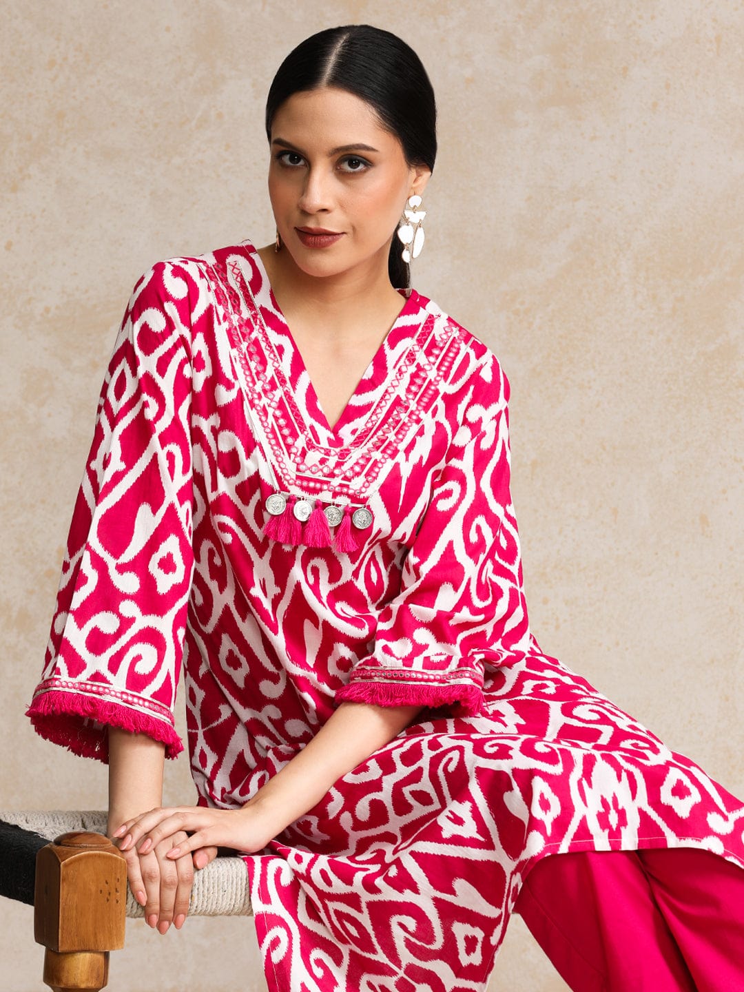 Ikat Printe Boho Flared Sleeve Kurta With Trouser