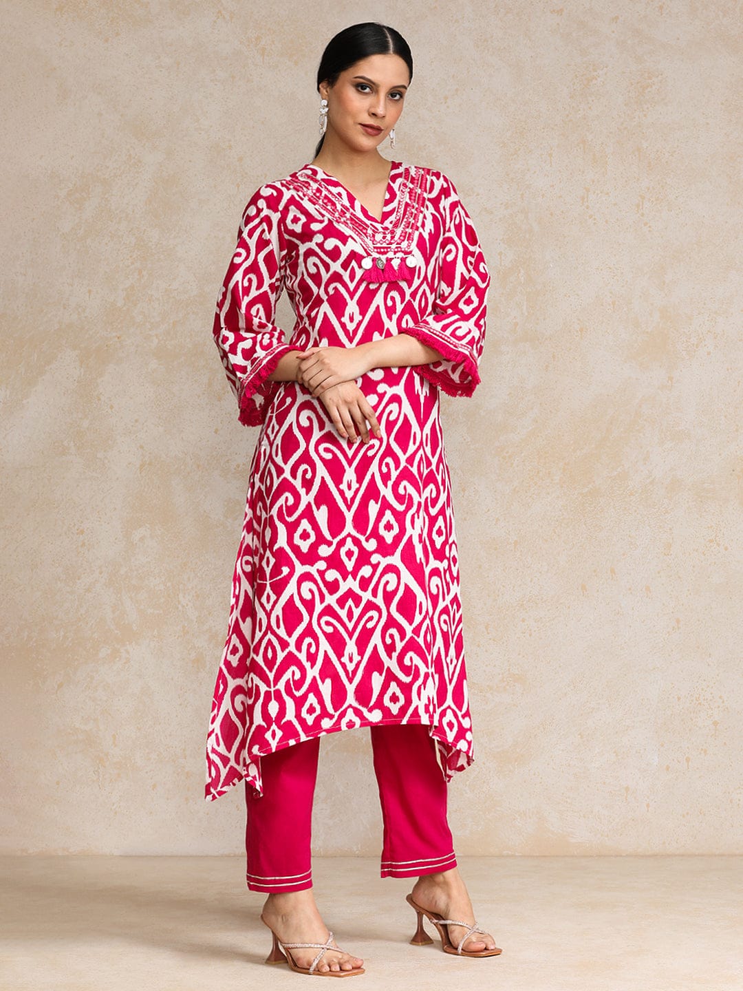 Ikat Printe Boho Flared Sleeve Kurta With Trouser