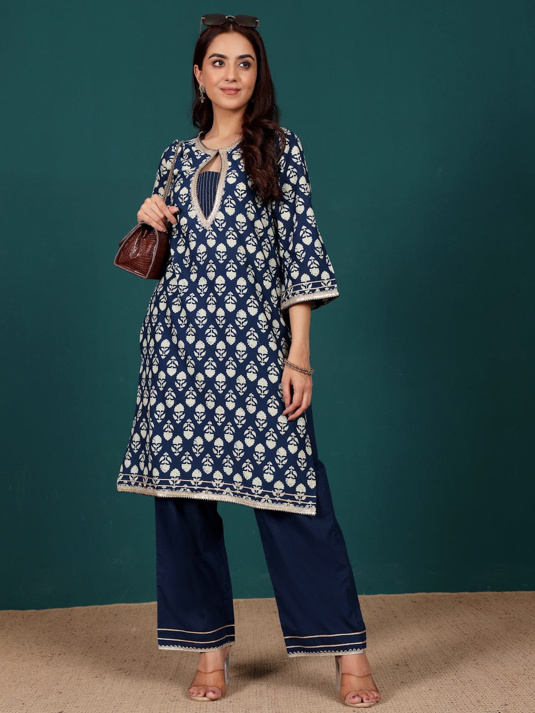 KSUT Women Ethnic Floral Printed With Zari & Sequin Detail Kurta With Trouser