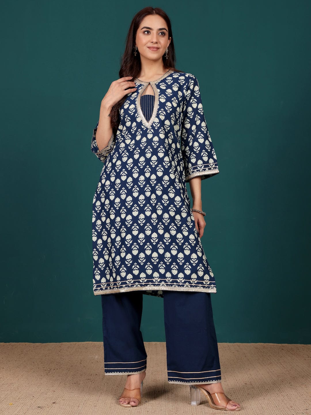KSUT Women Ethnic Floral Printed With Zari & Sequin Detail Kurta With Trouser