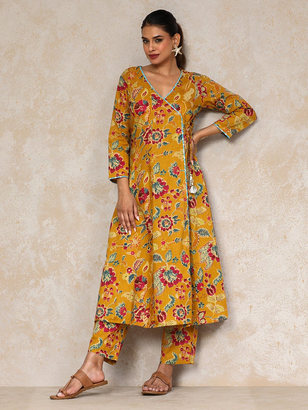 The Kurti Collection Women Ethnic Jaipuri Floral Printed Angrakha Anarkali Kurta With Trouser