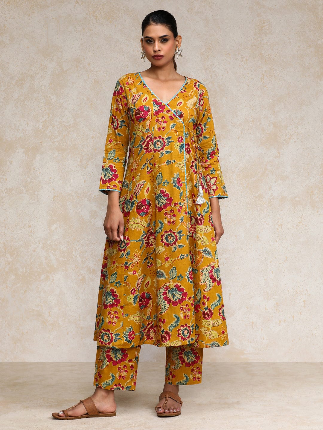 The Kurti Collection Women Ethnic Jaipuri Floral Printed Angrakha Anarkali Kurta With Trouser