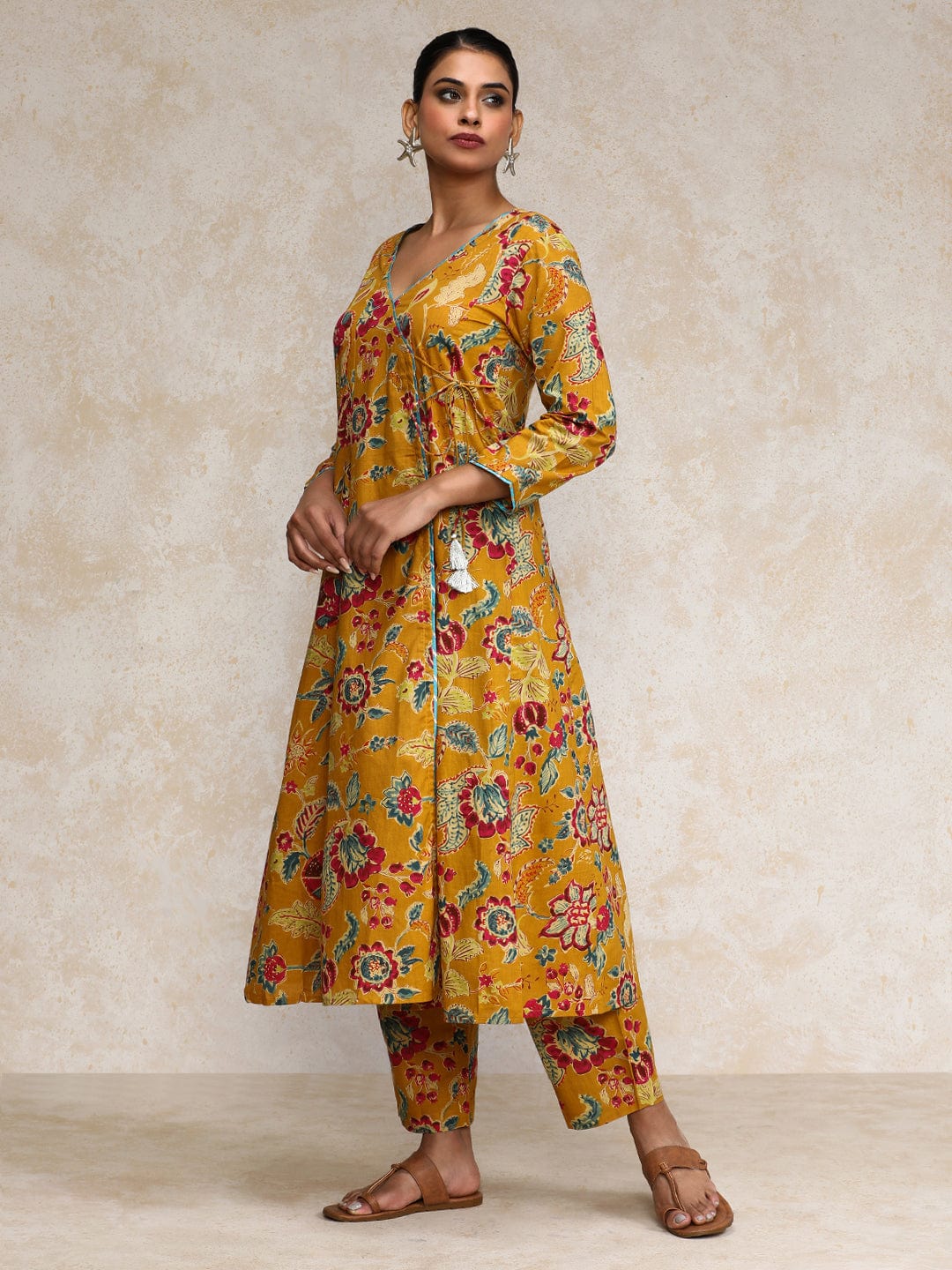 The Kurti Collection Women Ethnic Jaipuri Floral Printed Angrakha Anarkali Kurta With Trouser