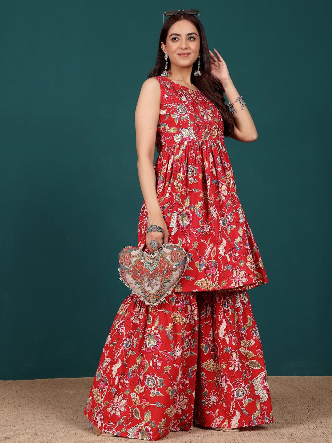 The Kurti Collection Women Floral Printed Mirror Embroidered Flared Kurta With Sharara