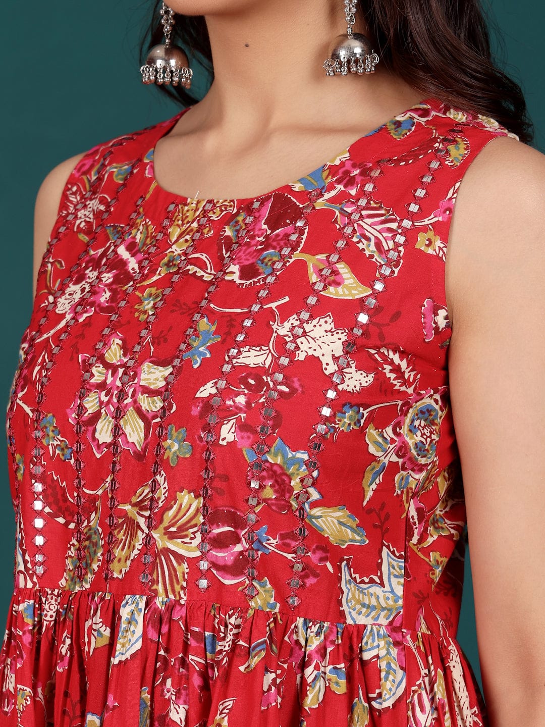 The Kurti Collection Women Floral Printed Mirror Embroidered Flared Kurta With Sharara