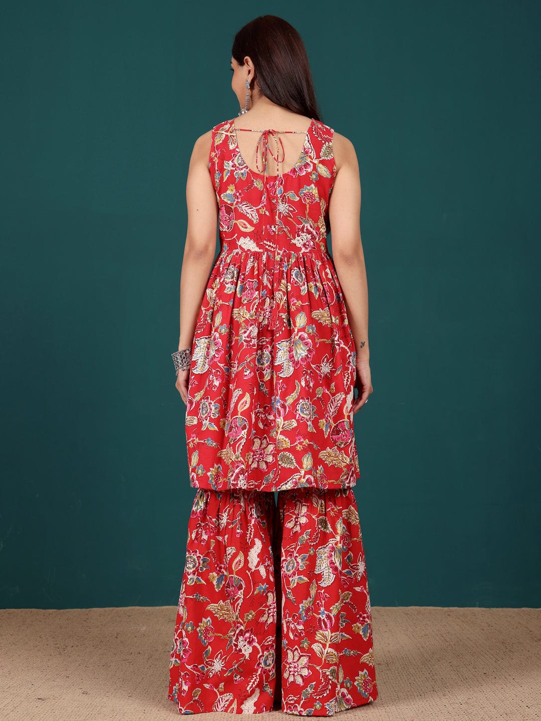 The Kurti Collection Women Floral Printed Mirror Embroidered Flared Kurta With Sharara
