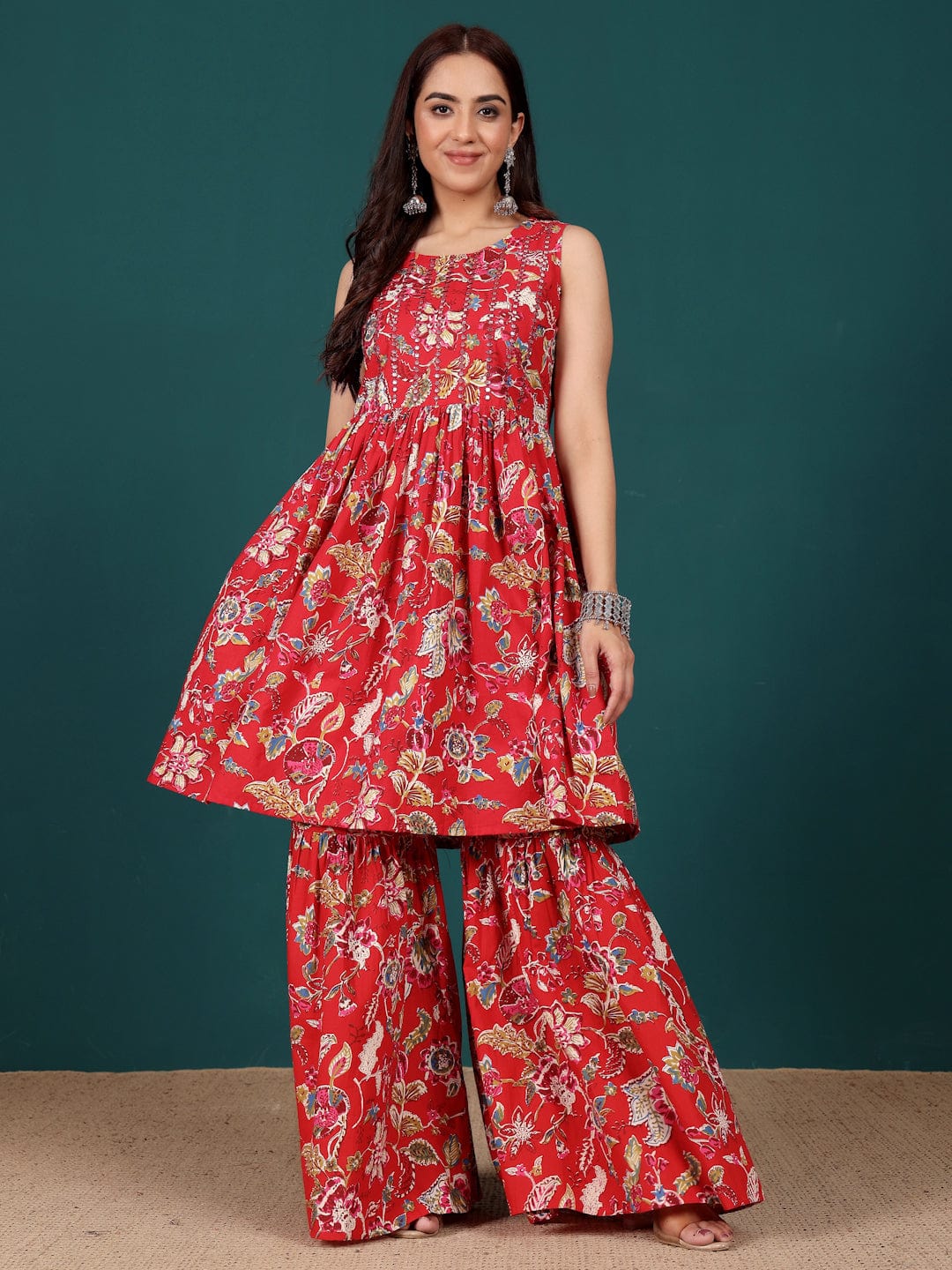 The Kurti Collection Women Floral Printed Mirror Embroidered Flared Kurta With Sharara