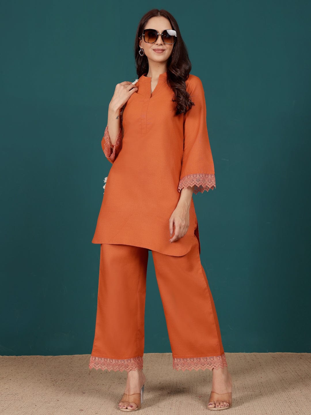The Kurti Collection Women Mandarin Collar Apple Hem Lace Detailed Kurta With Trouser
