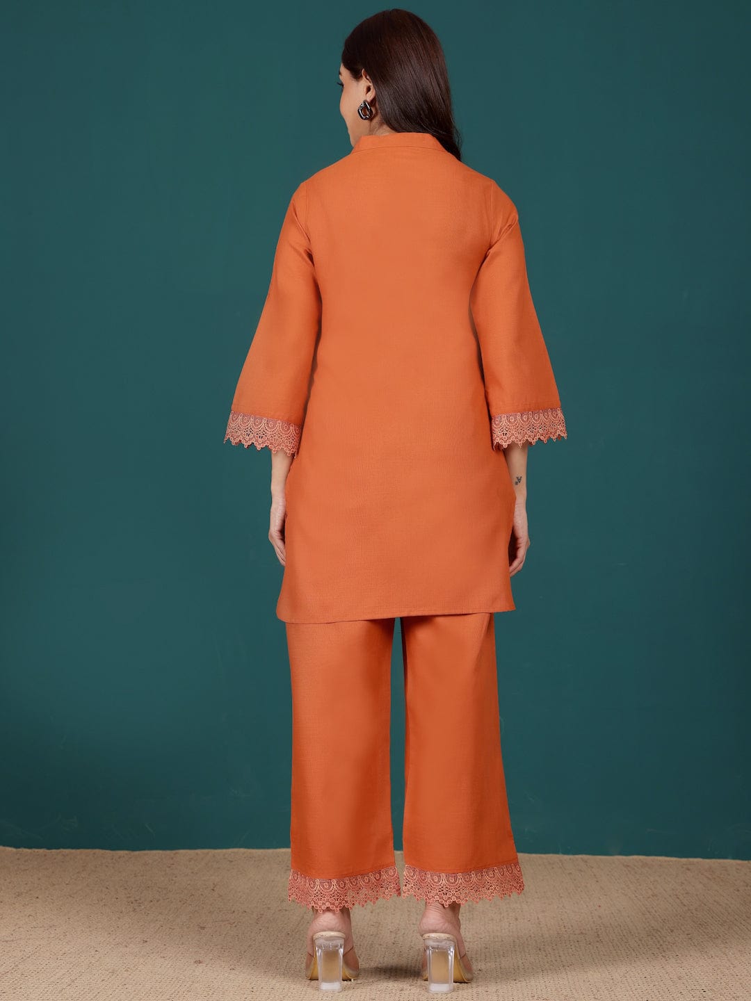The Kurti Collection Women Mandarin Collar Apple Hem Lace Detailed Kurta With Trouser