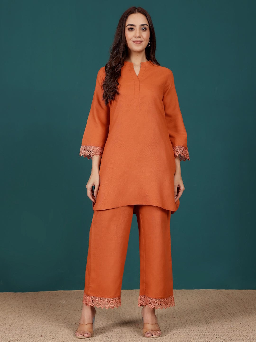 The Kurti Collection Women Mandarin Collar Apple Hem Lace Detailed Kurta With Trouser