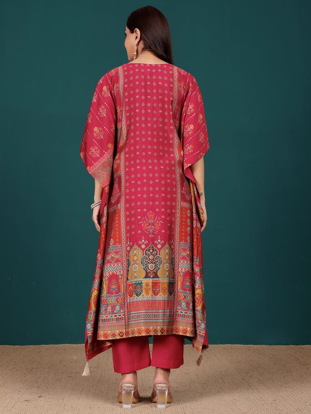 KSUT Women V Neck Ethnic Printed Zari Detailed Kaftan With Trouser