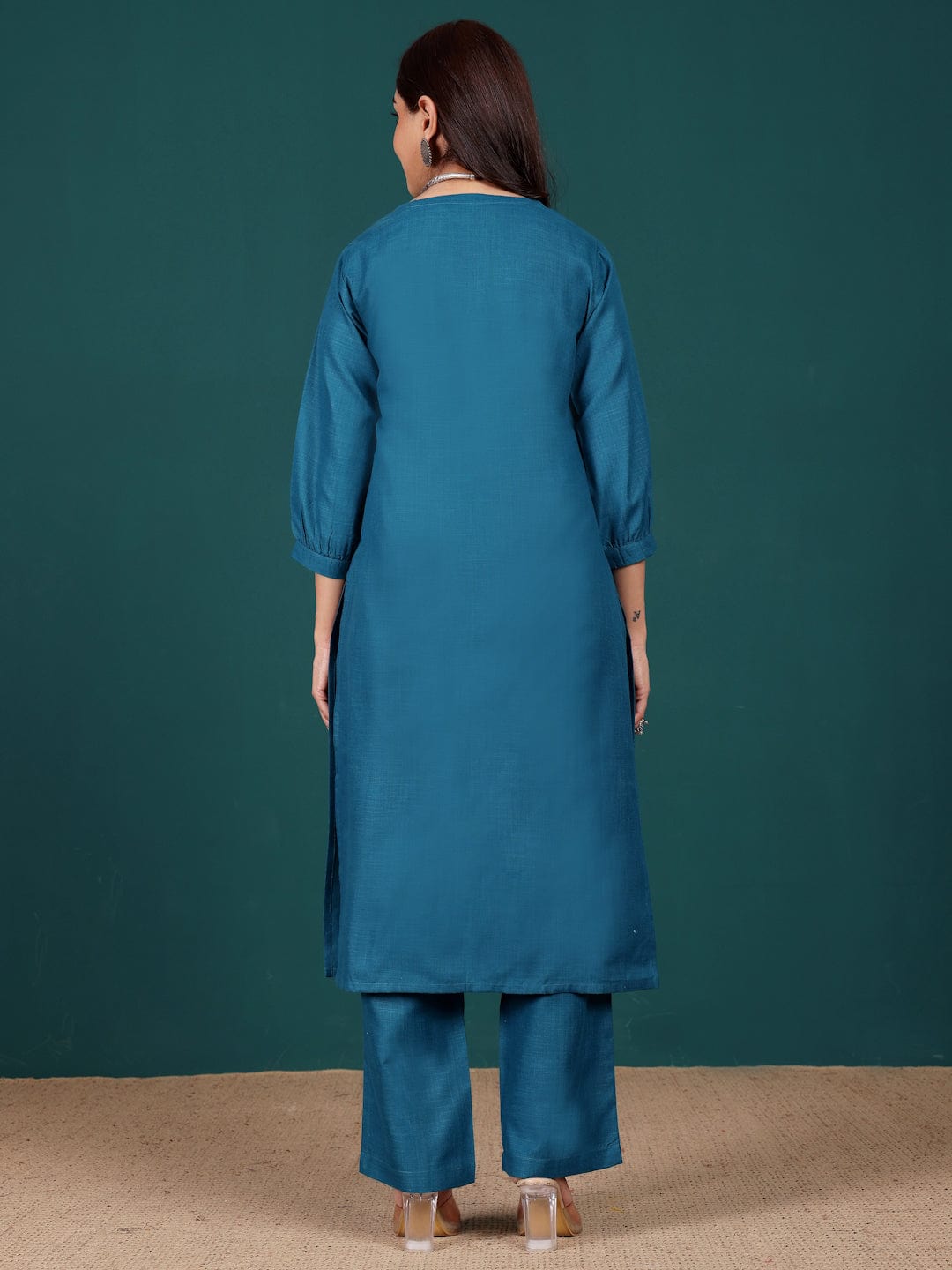 The Kurti Collection Women V Neck Ballon Sleeve Straight Kurta With Trouser