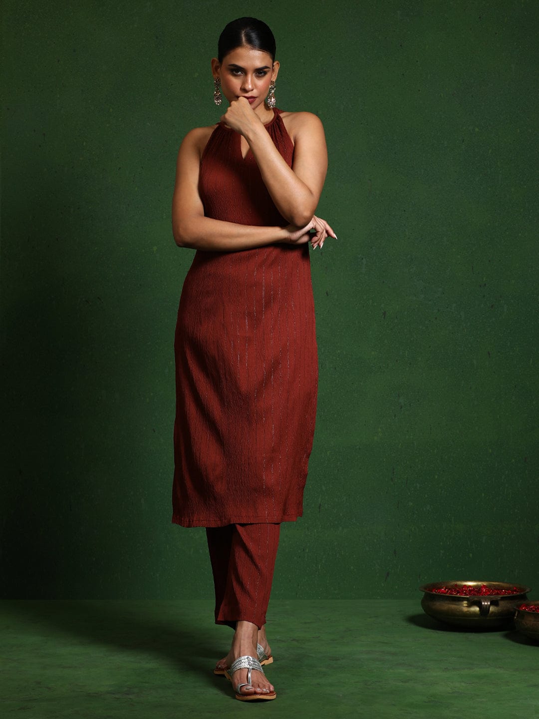 The Kurti Collection Women brown Halter Neck Straight Kurta with trouser