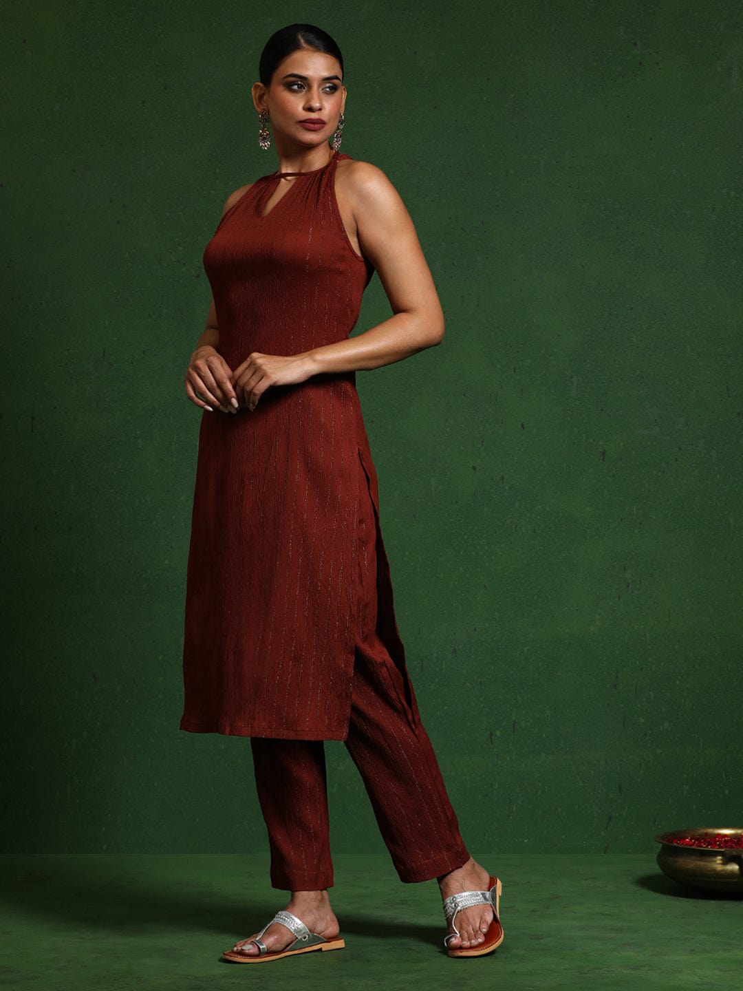 The Kurti Collection Women brown Halter Neck Straight Kurta with trouser