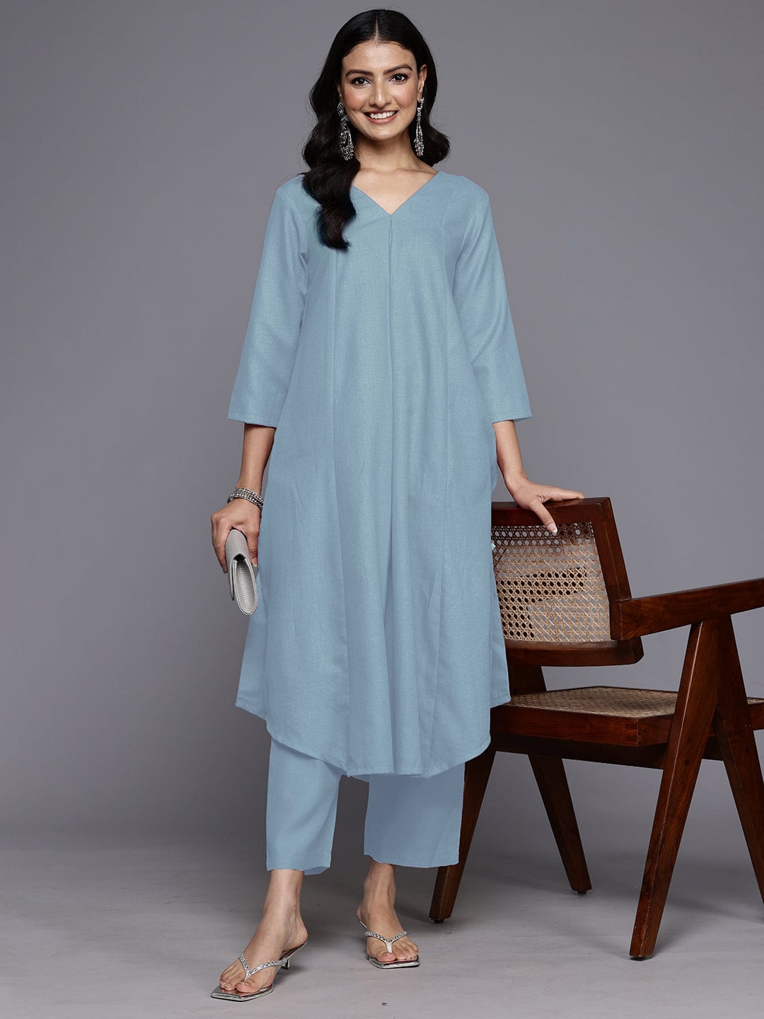 The Kurti Collection Women Grey Solid A-Line V Neck Kurta Paired with Tonal Bottom