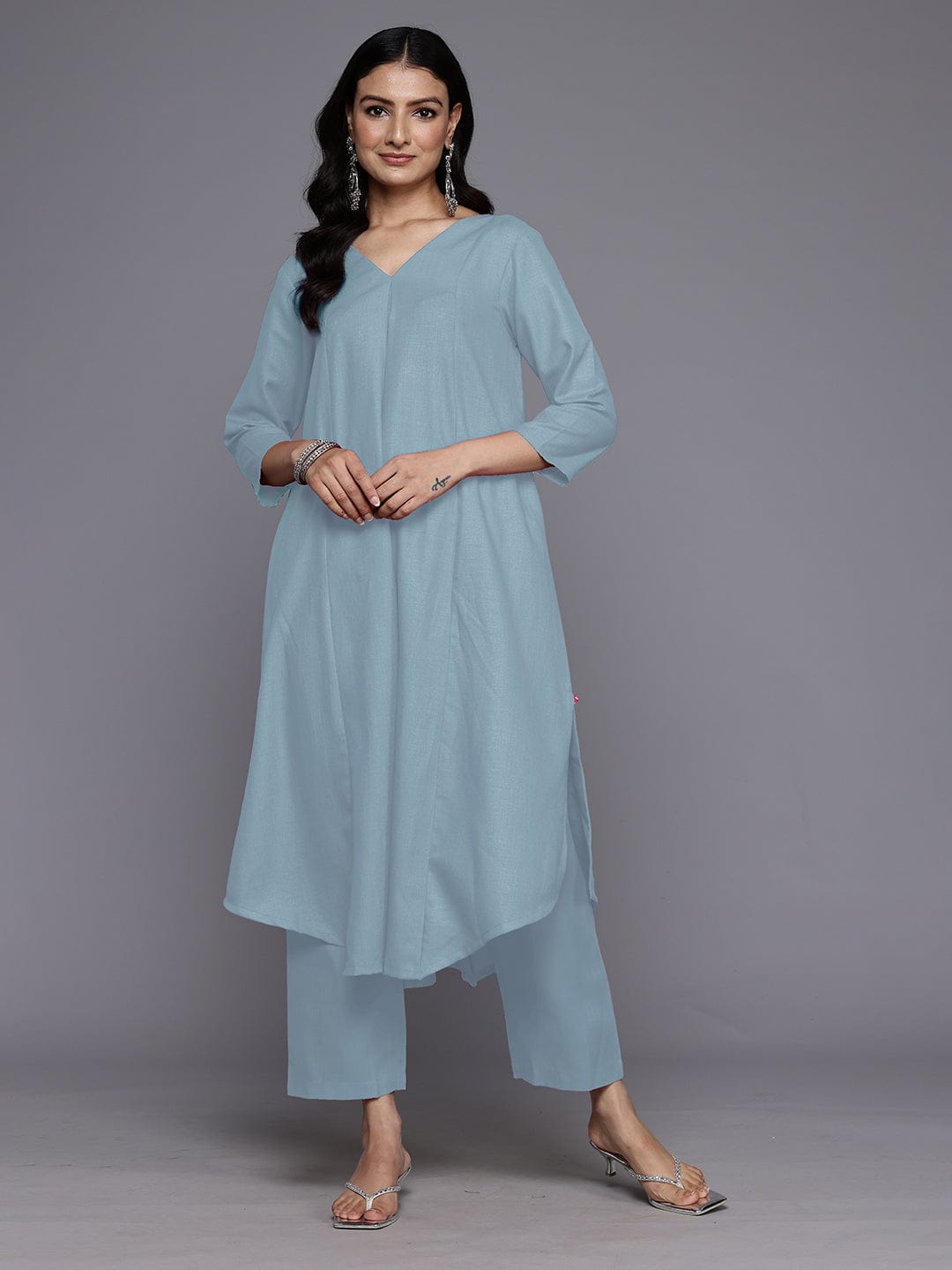 The Kurti Collection Women Grey Solid A-Line V Neck Kurta Paired with Tonal Bottom
