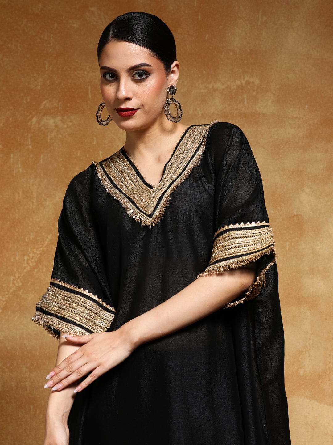 The Kurti Collection Women-Zari Embroidered Lace Neck Flared Kaftan With Trouser