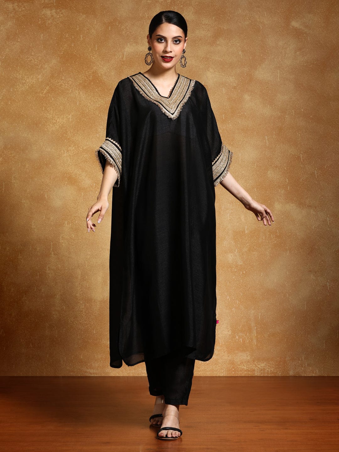 The Kurti Collection Women-Zari Embroidered Lace Neck Flared Kaftan With Trouser