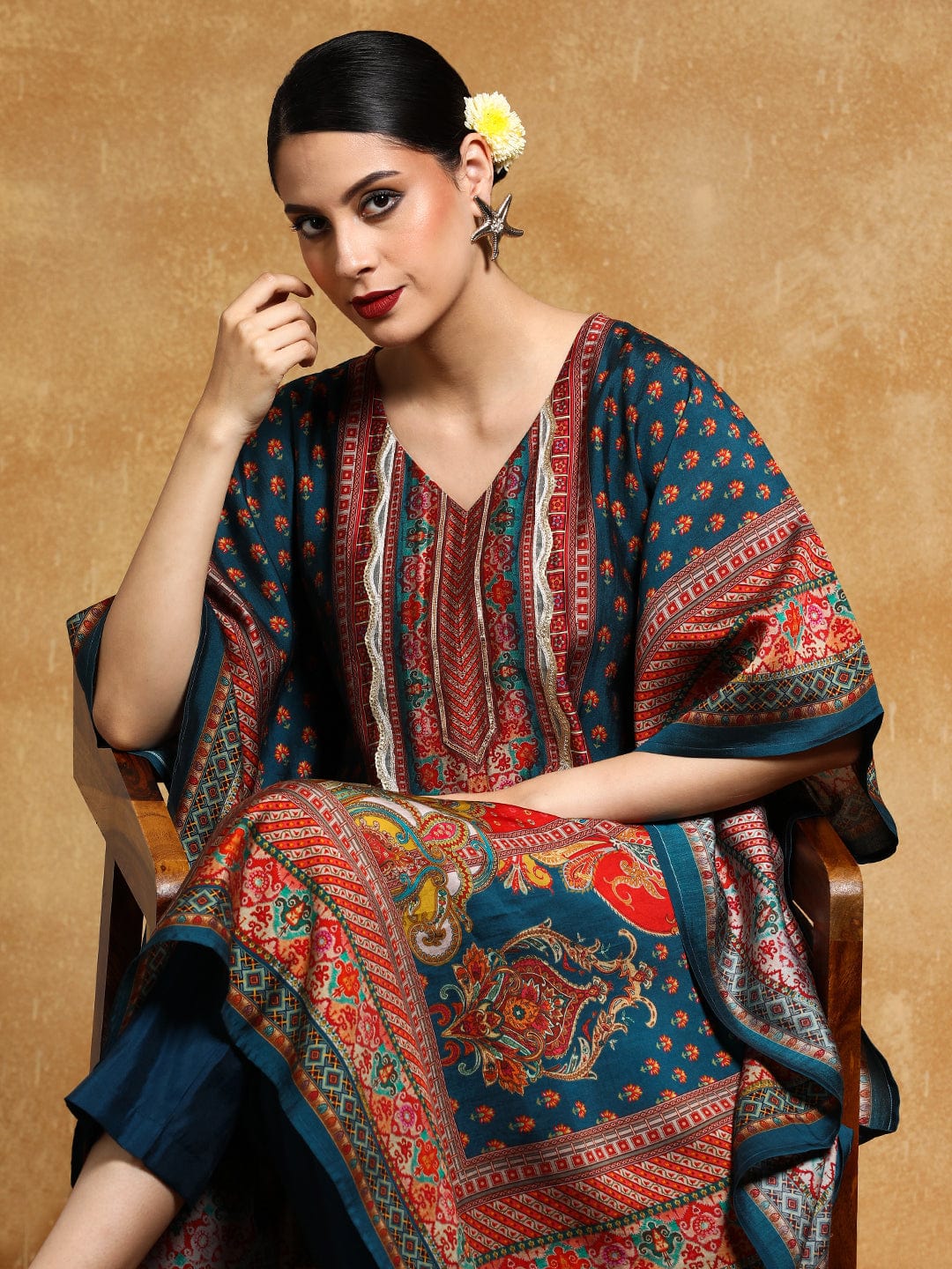 The Kurti Collection Women-Zari & Sequin Detailed Ethnic Printed Flared Kaftan With Trouser