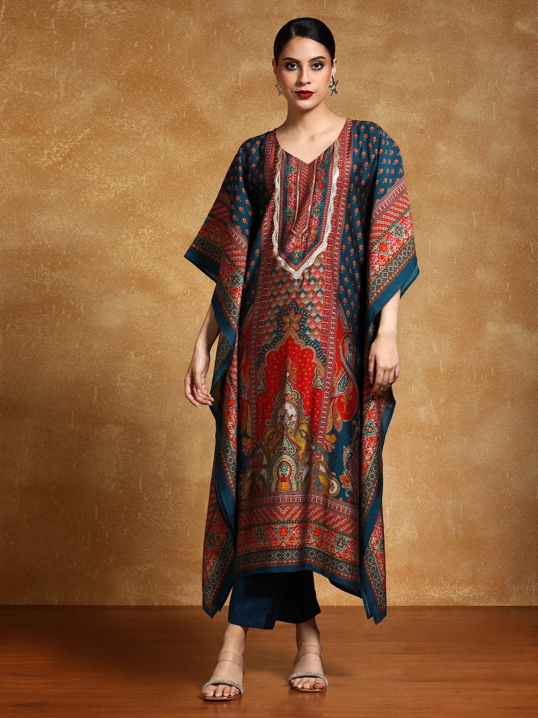 The Kurti Collection Women-Zari & Sequin Detailed Ethnic Printed Flared Kaftan With Trouser