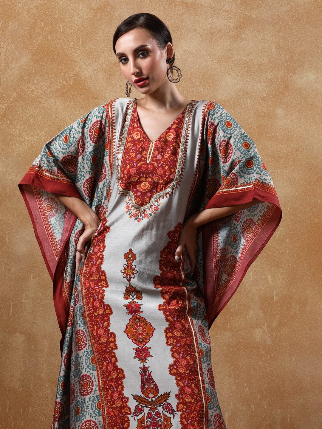 KSUT Women Lace Detailed Ethnic Printed Flared Kaftan With Trouser