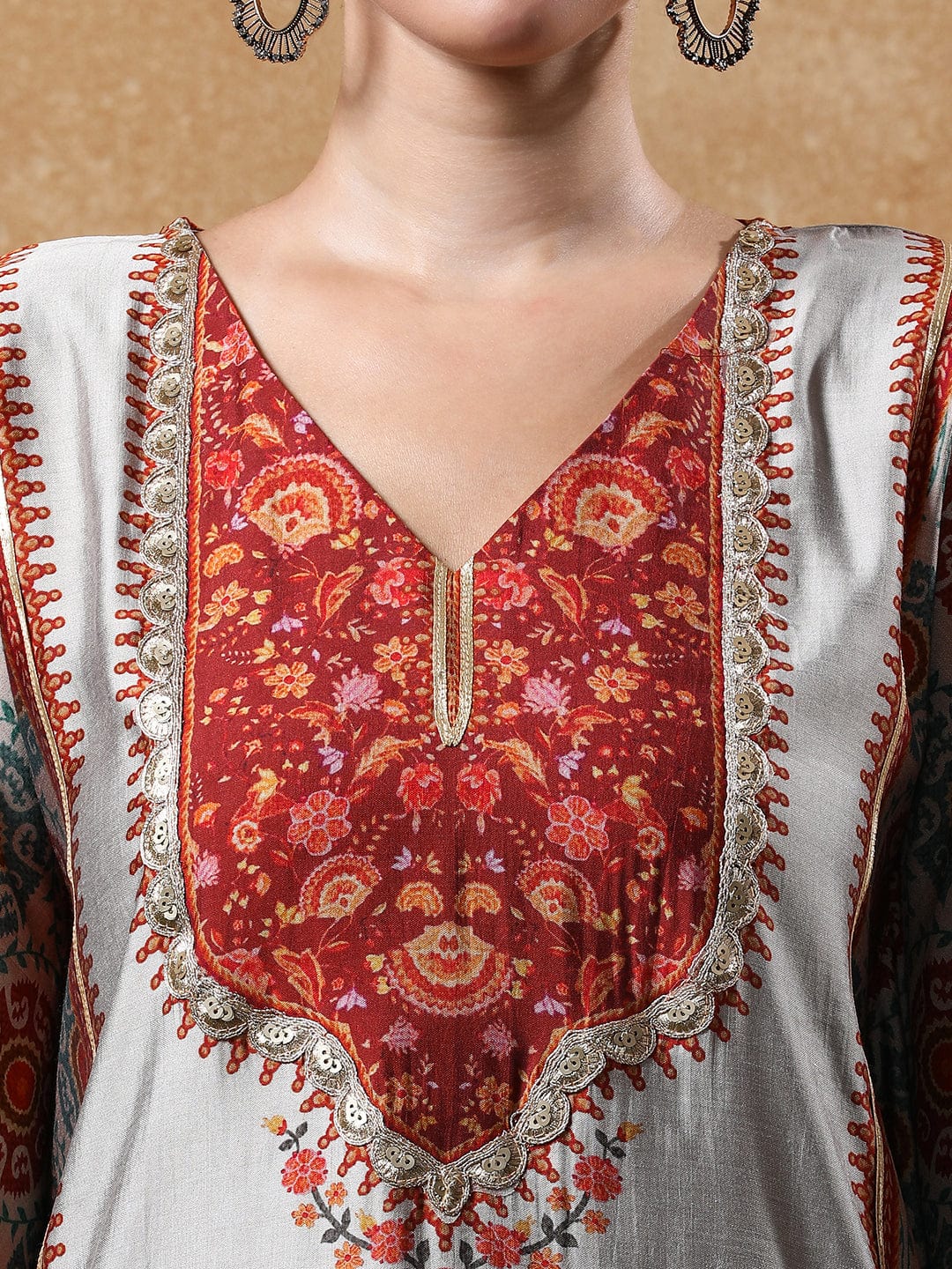 KSUT Women Lace Detailed Ethnic Printed Flared Kaftan With Trouser