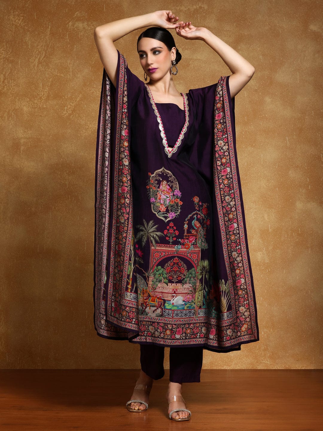 The Kurti Collection Women-Zari & Sequin Detailed Ethnic Printed Flared Kaftan With Trouser